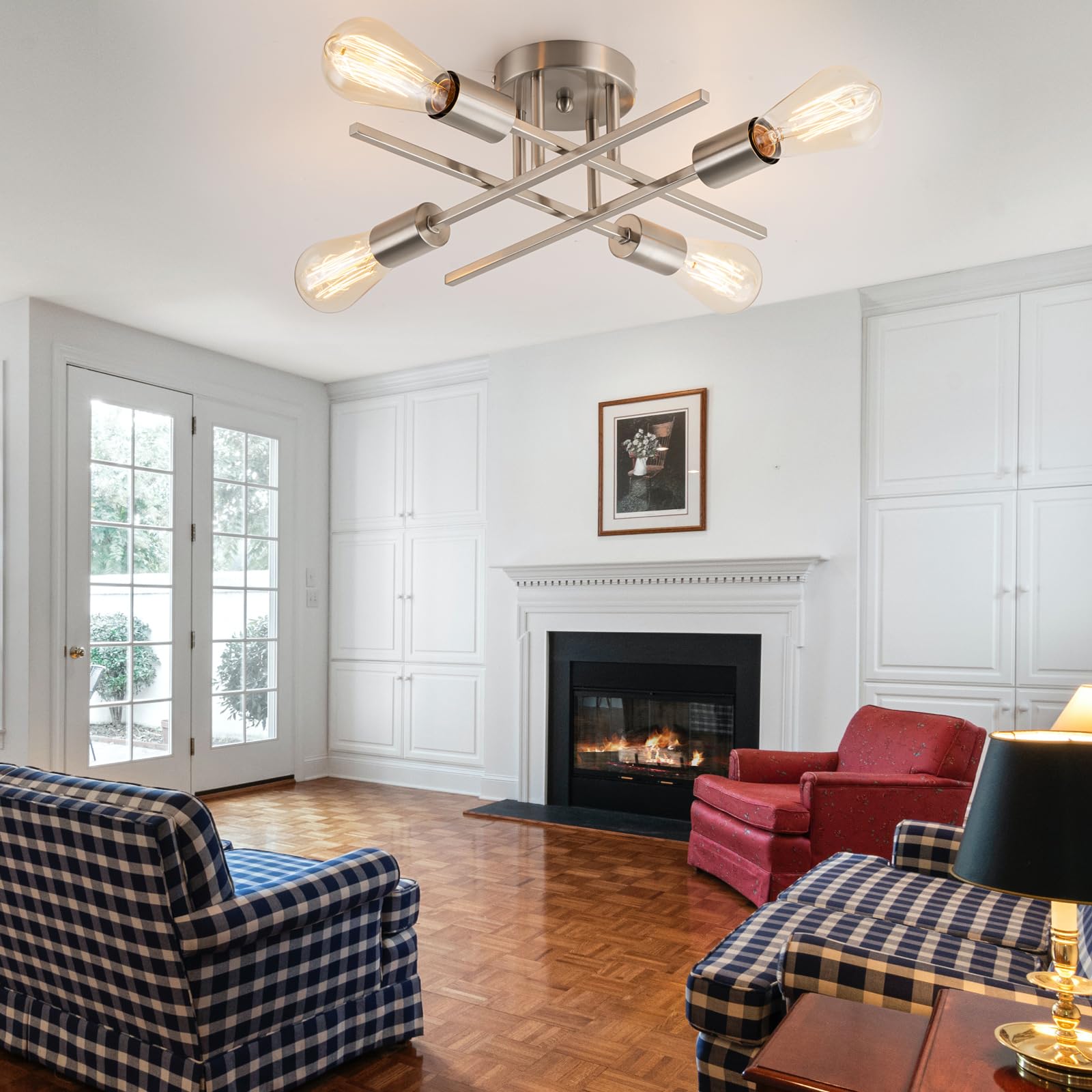 Brknit 4-Light Silver Sputnik Chandelier, Modern Metal Semi Flush Mount Ceiling Light