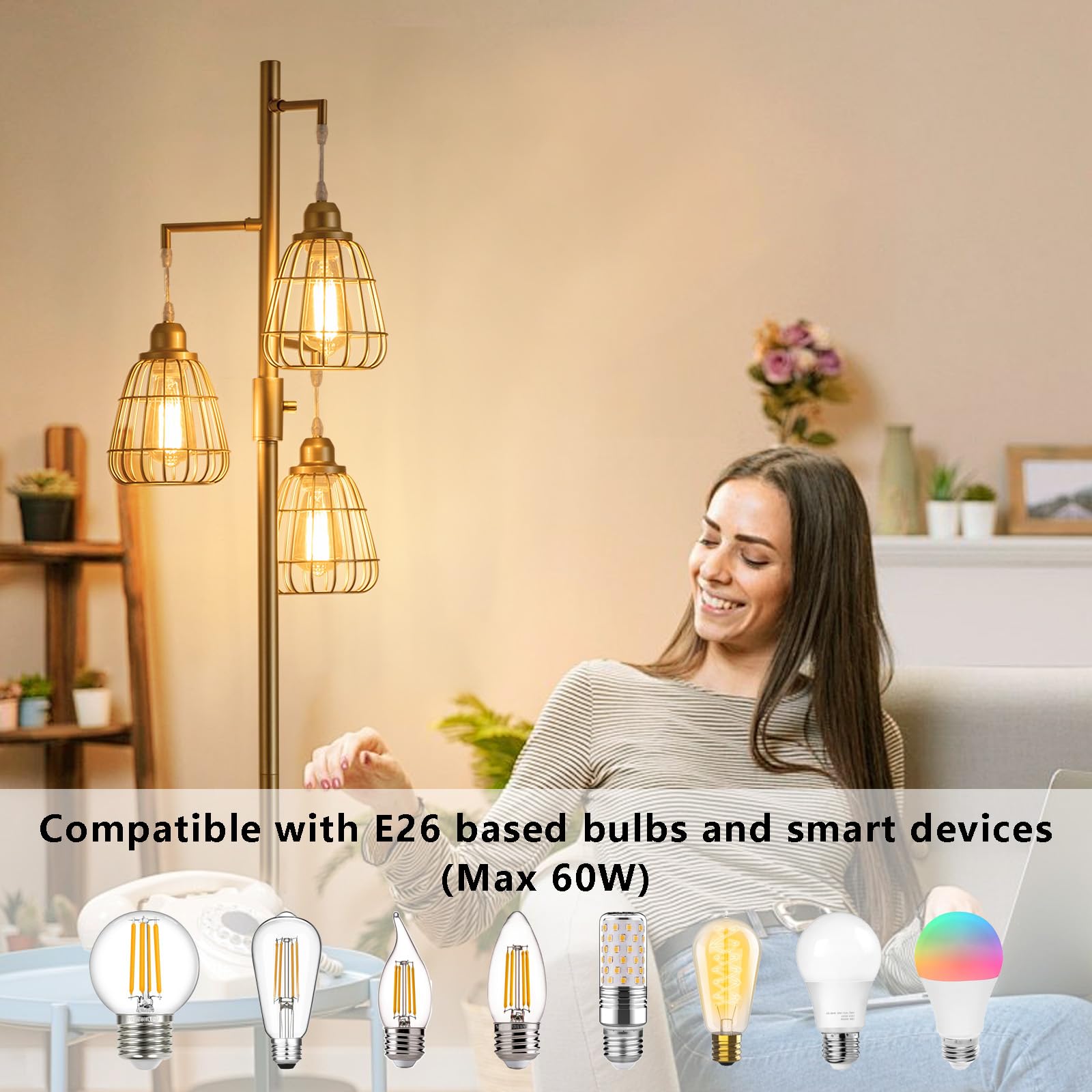 9Mmml Gold Dimmable Floor Lamp,Industrial Farmhouse Tall Standing Floor Lamp For Living Room, Bedroom, Corner,Office,Gold 3 Tear