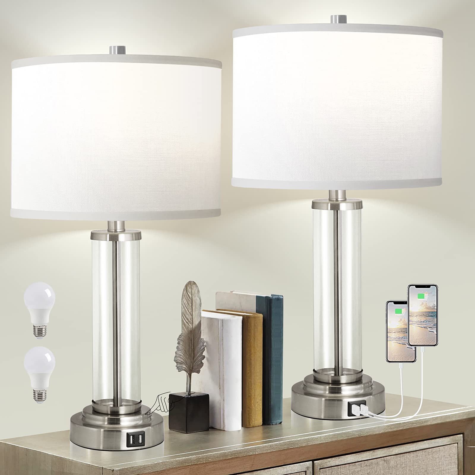 QiMH Touch Control Table Lamps Set of 2, 3-Way Dimmable, USB Ports, Modern Metal Design, Silver Finish