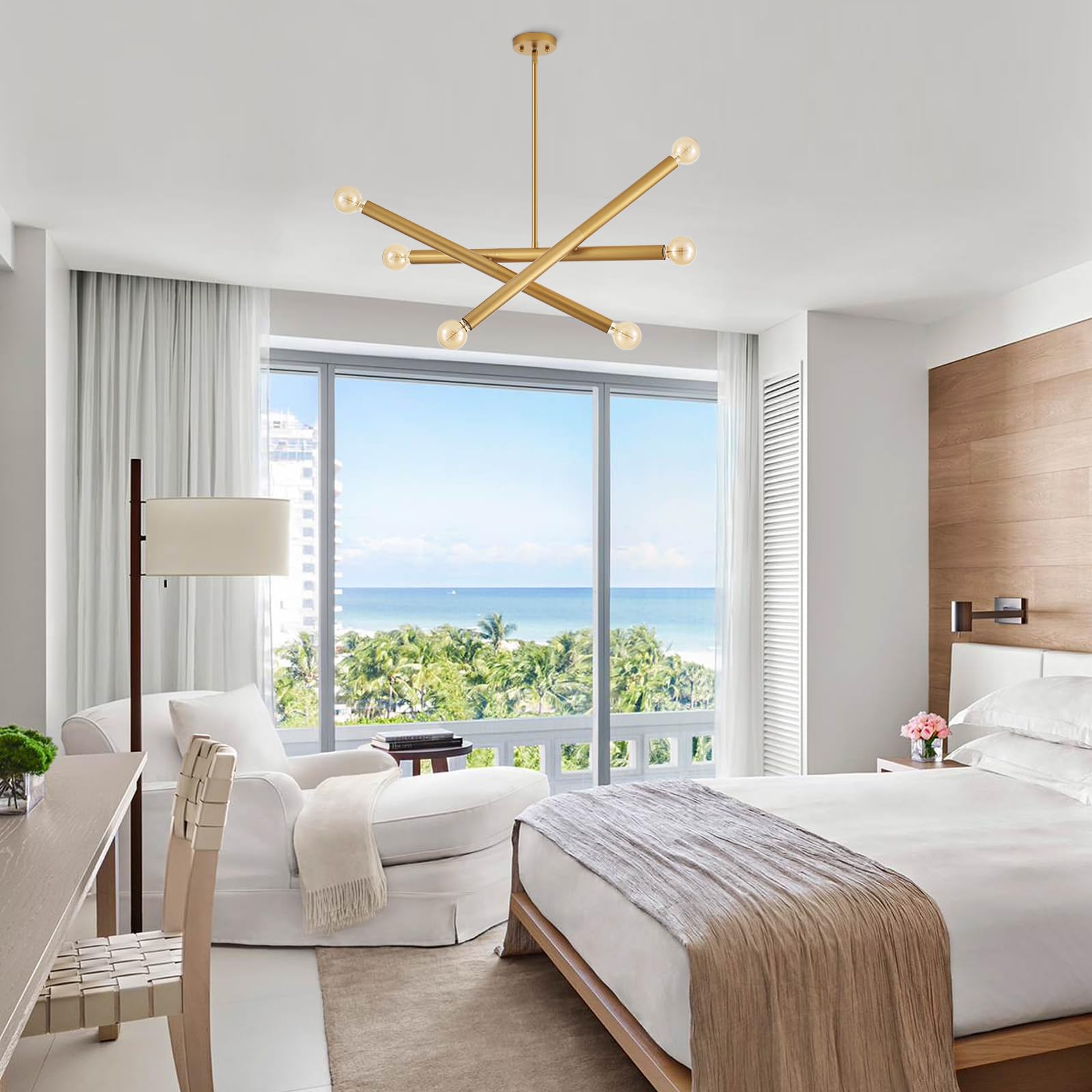 Vanzarla Modern Dining Room Chandelier, Gold Sputnik Chandeliers Bedroom, Vintage Pendant Light Kitchen, 6-Light Adjustable Hang
