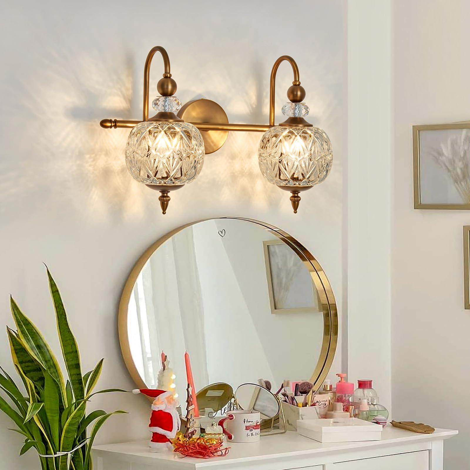 Piepooye Vintage Bathroom Light Fixture - Gold 2-Light G9 Wall Sconce with Glass Globe Shade for Bedroom, Hallway, or Vanity - Model R-3019