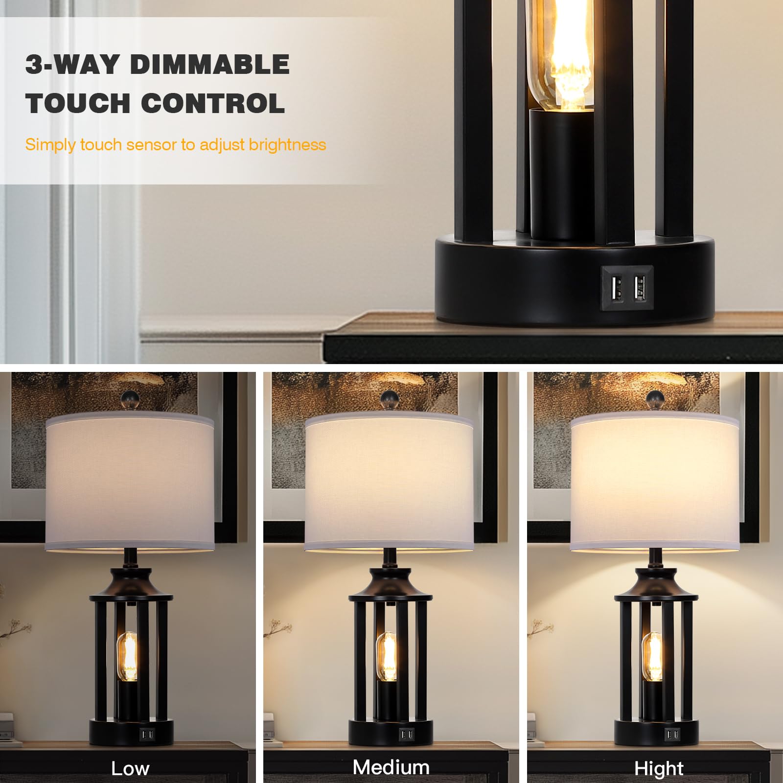Ruzectt Black Living Room Lamps Set of 2, 3-Way Dimmable Touch Control, USB Ports, Large Rustic Bedside Lamp, Model TD-RZ-147