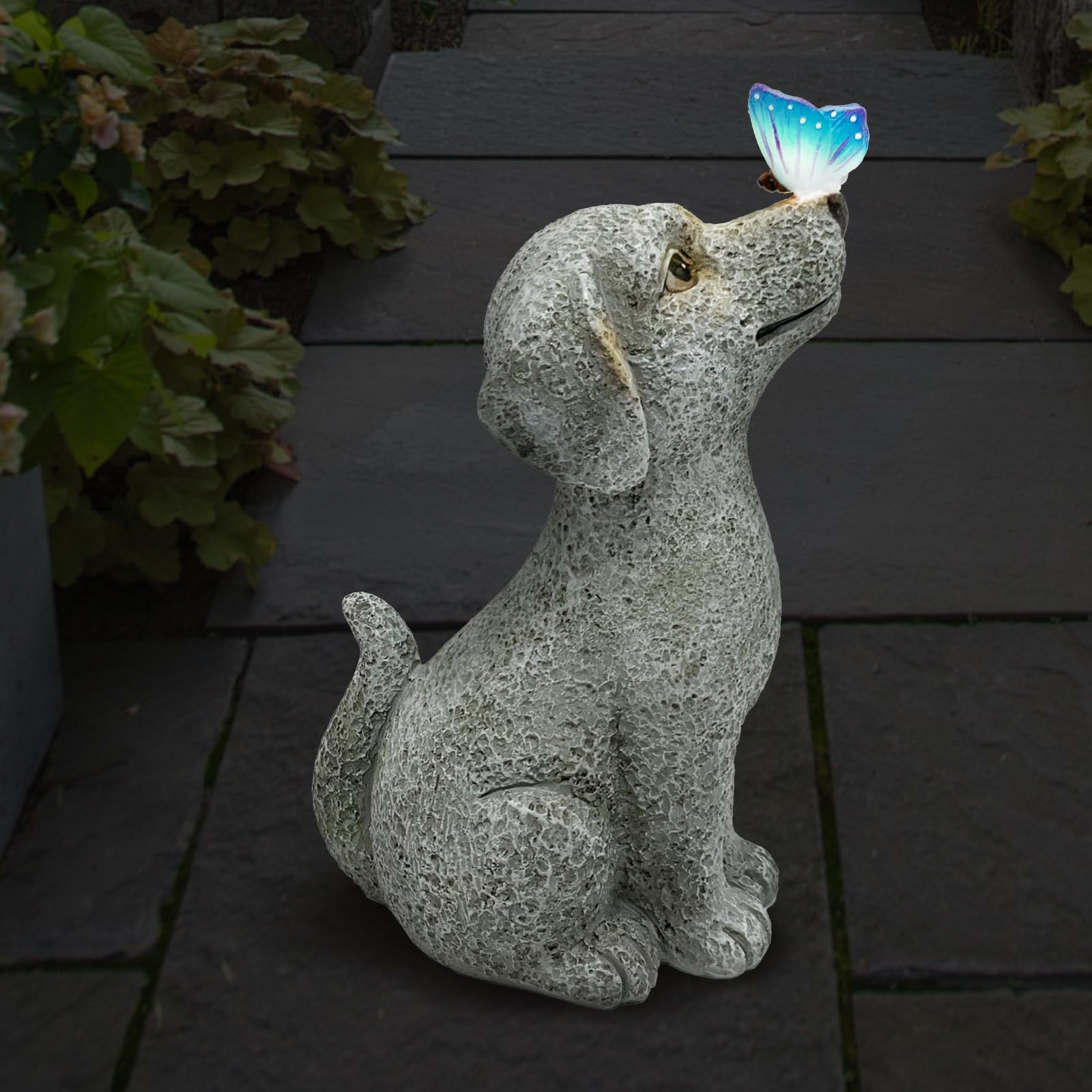 WENYLE Solar Garden Outdoor Statues Dog with Butterfly Lights  Lawn Decor Puppy Figurine for Patio Balcony Yard  Yard Unique Christmas Birthdays Gift for Mom Grandma