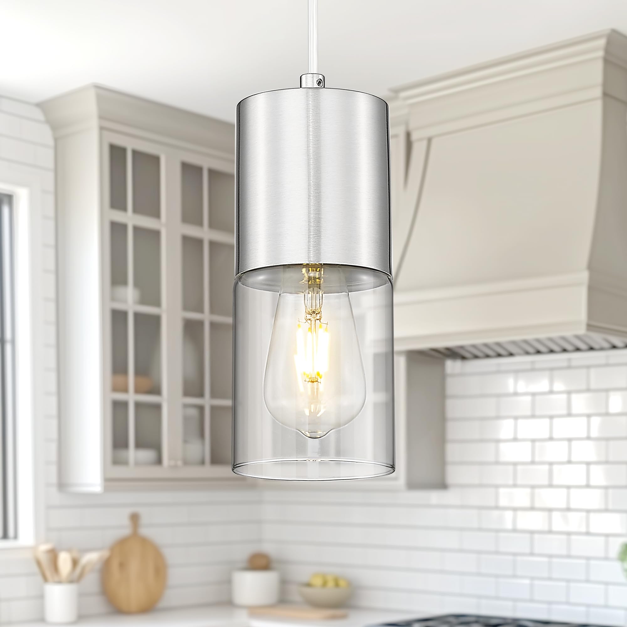 Audickic Pendant Lights Kitchen Island  Brushed Nickel Hanging Lights Fixtures With Cylinder Clear Glass  Modern Kitchen Pendant Lighting Over Island For Dining Room  Ad-24023-1P-Sn