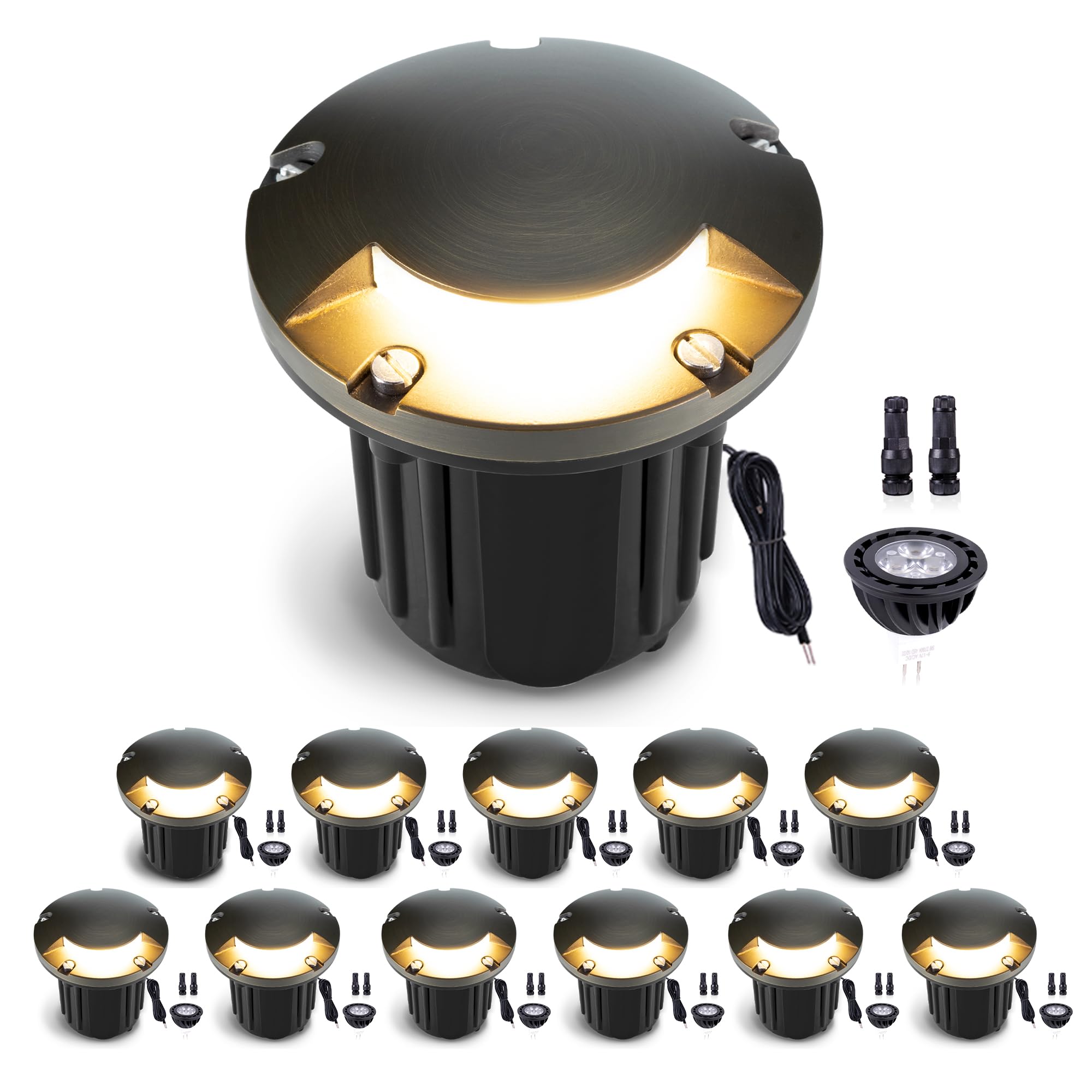 Gardenreet Landscape Low Voltage Well Light - Brass LED Electric 12V in-Grade Lighting, Replaceable Bulb Wired Fixture, Antique 