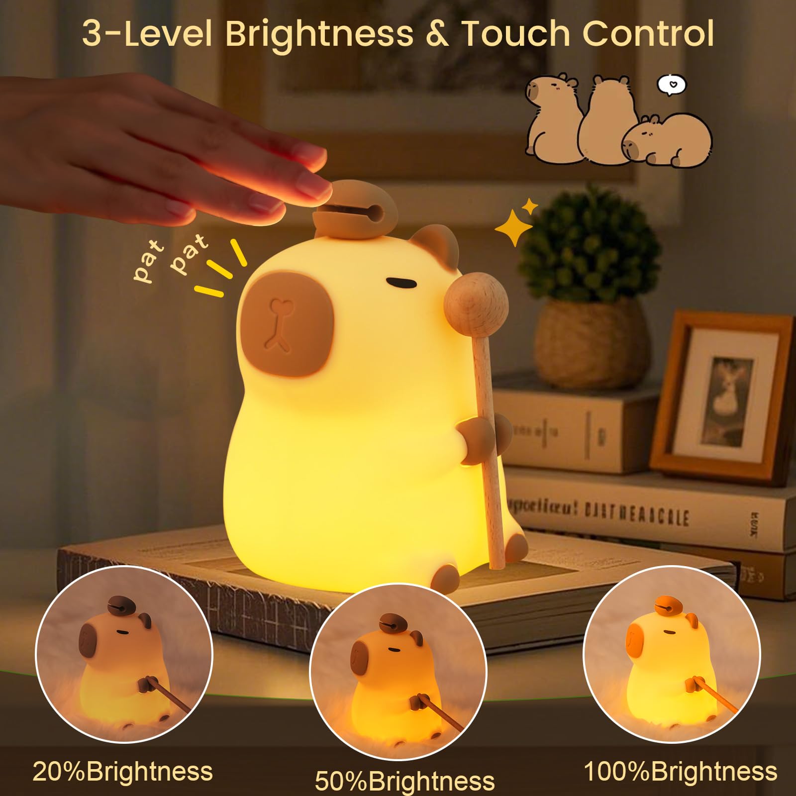 MOKYDUO Capybara Nursery Night Light, 7-Color RGB Mood Light & 3-Level Dimmable Warm Light, Tap Control, 30Min Timer, 100% Safe