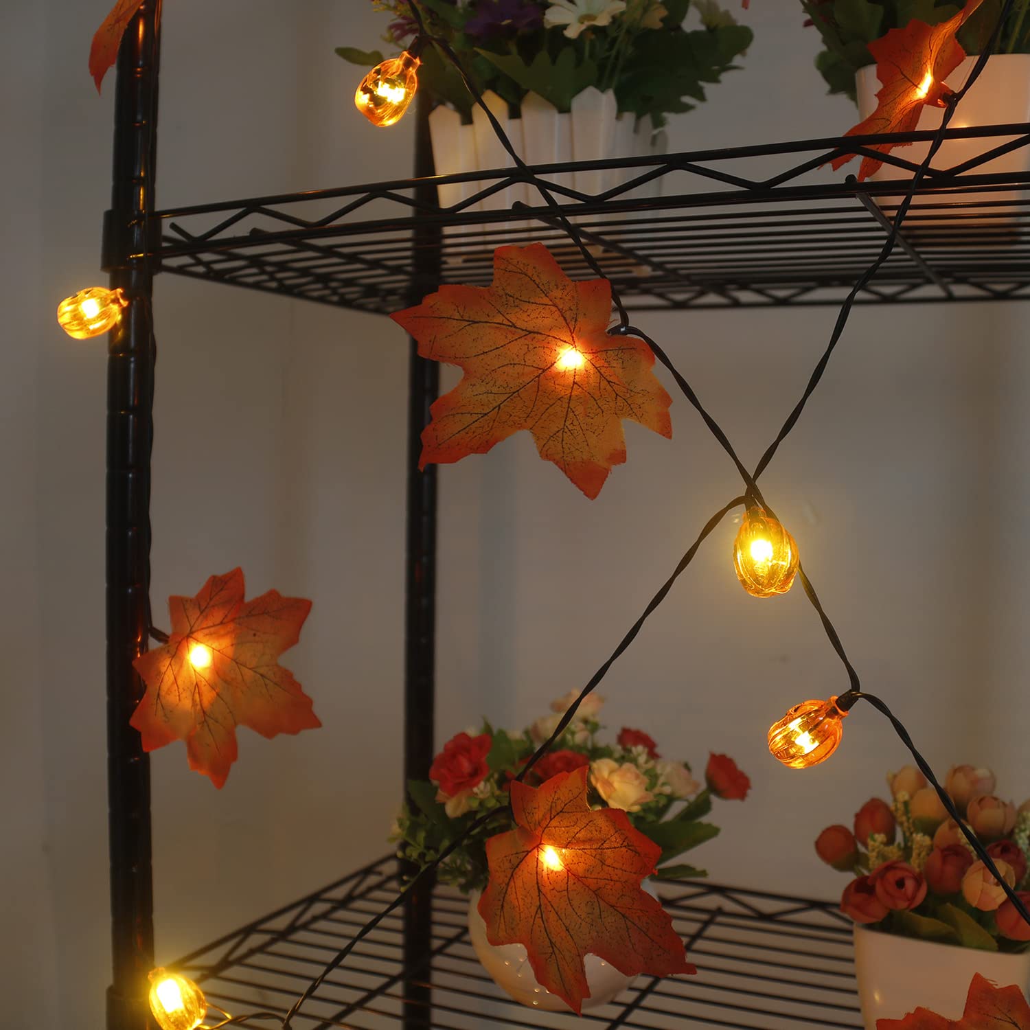 Xingpold Solar Pumpkin Maple Leaf String Lights, 50LED 30ft, Waterproof Fall Decor, Gold for Thanksgiving Halloween Garden