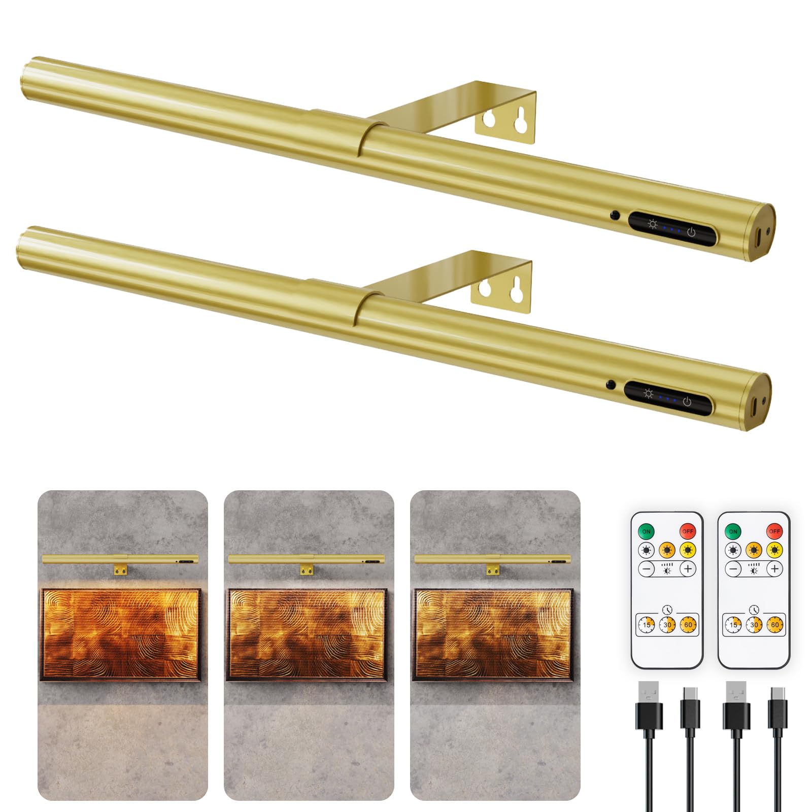 EAYOYAE Wireless Picture Light with Remote Control, Rechargeable, 19.7inch, Gold-2set, Model PC-100, Metal Material