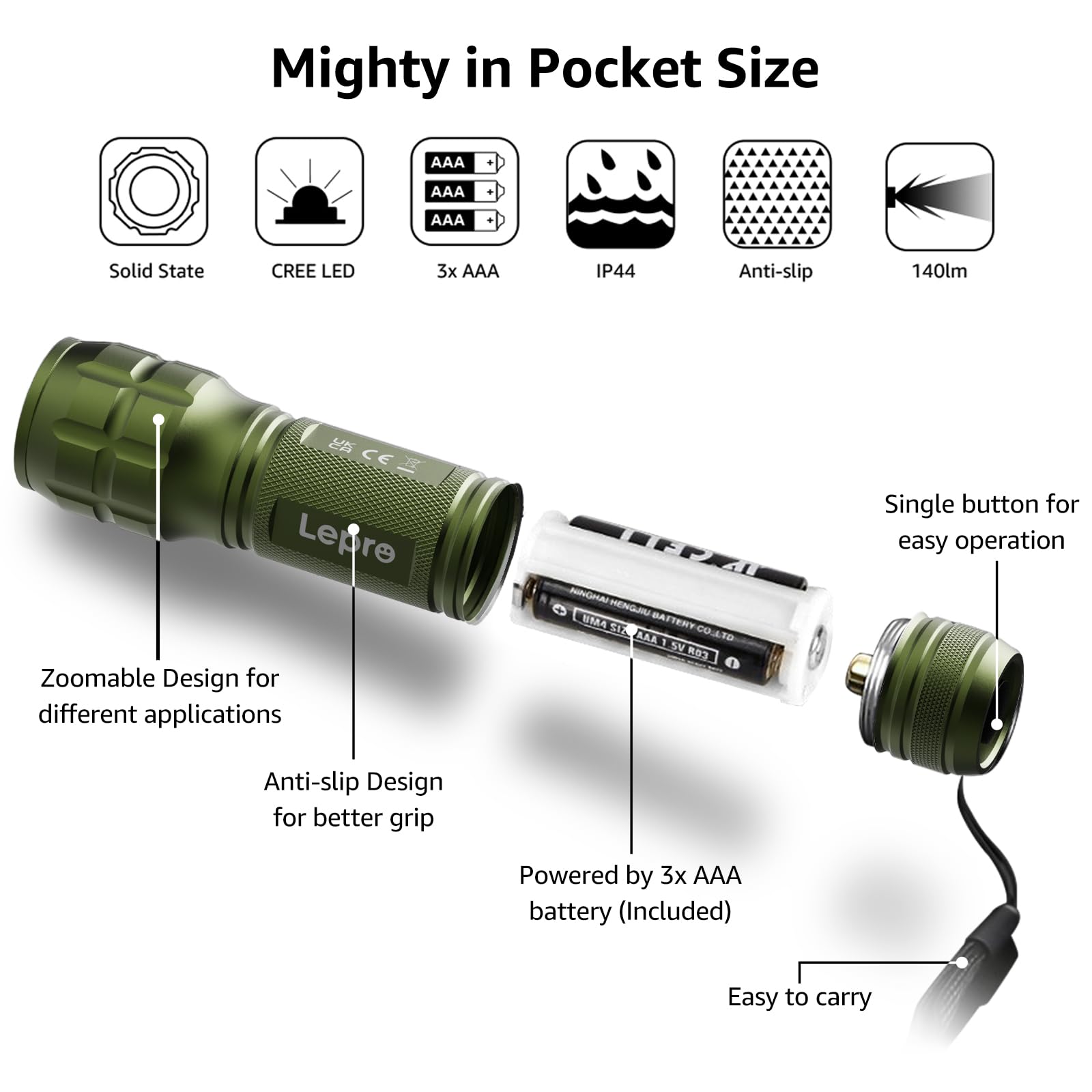 Lighting EVER LED Flashlights, High Lumens, Waterproof, Small, Green, Model 1200012, 2 Pack, AAA Batteries Included