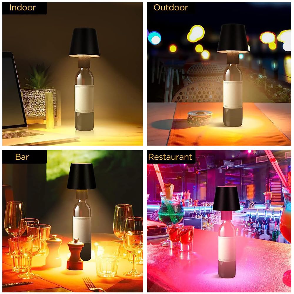 Uwsfarv Wireless Bottle Lamp, Wine Bottle Lamp Shade 3 Color Temperature Rechargeable Bottle Lights For Liquor Bottles, Wireless Table Lamp Cork For Bedroom, Restaurant & Bar, (Black)