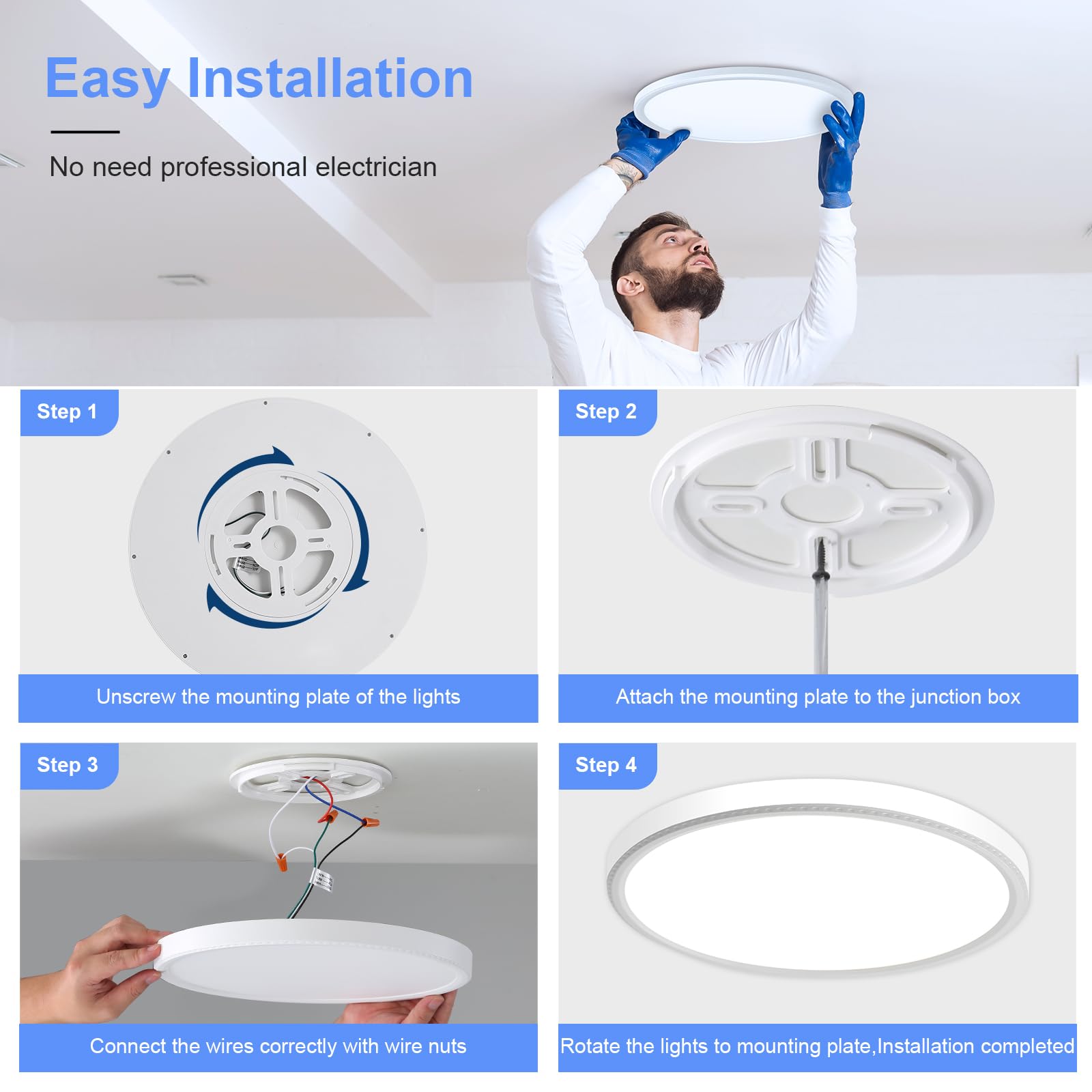 Hunhun 4 Pack 15.8 Inch Dimmable Led Flush Mount Ceiling Light 4800Lm Round Light Fixture 5 Color Temperature Selectable Large F