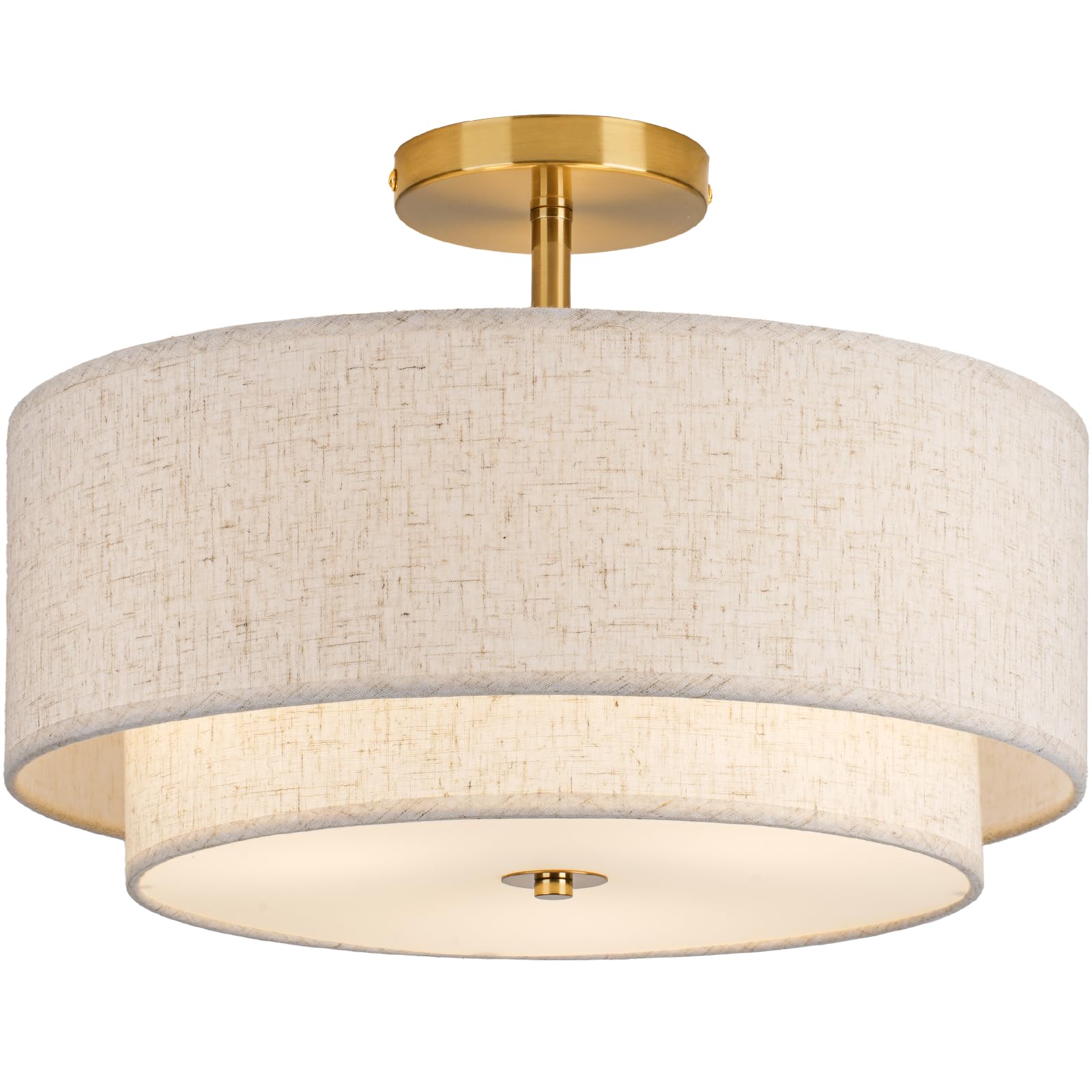 CALOKES 16'' Double Drum Gold 3-Light Semi Flush Mount Ceiling Light, Classic Fabric Linen Shade Design for Living Room, Bedroom