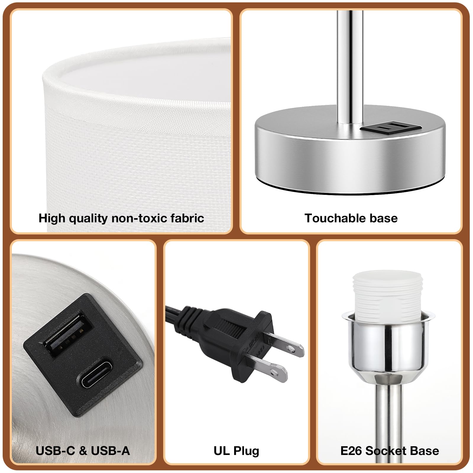 White Touch Bedside Lamp With Usb - 3 Way Dimmable Table Lamp For Bedroom, Nightstand Lamp With Nickel Charging Station And Silv