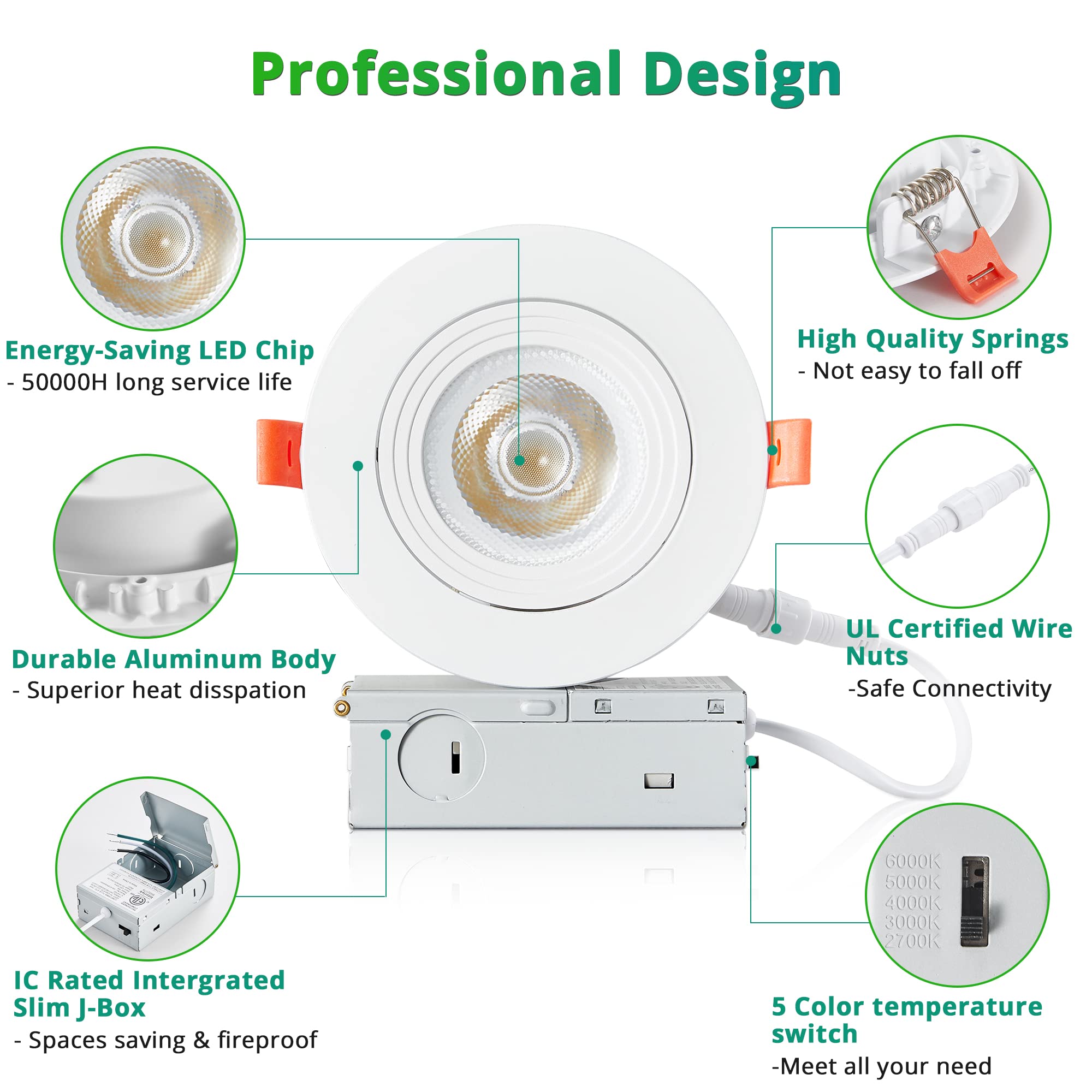 LEDIARY 4 Inch Gimbal LED Recessed Lighting, 5CCT Adjustable 2700K-6000K, 750LM, White, Aluminum, Model Gimbal-RL
