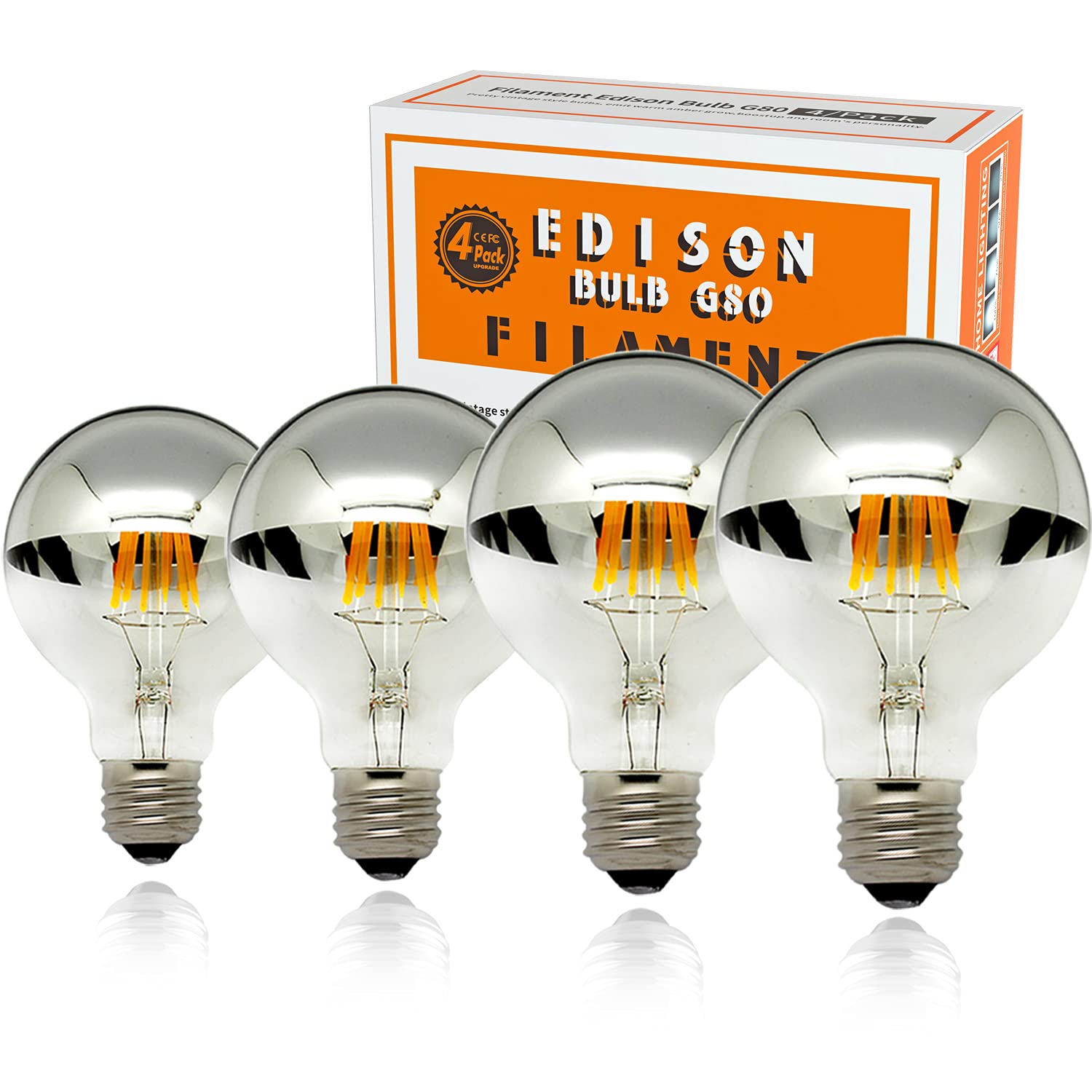 KarlunKoy Half Chrome Light Bulb,LED Edison Bulbs 6W(60W Equ),Dimmable G80/G25 Globe Shape,Decorative Half Silver Reflected Bulb