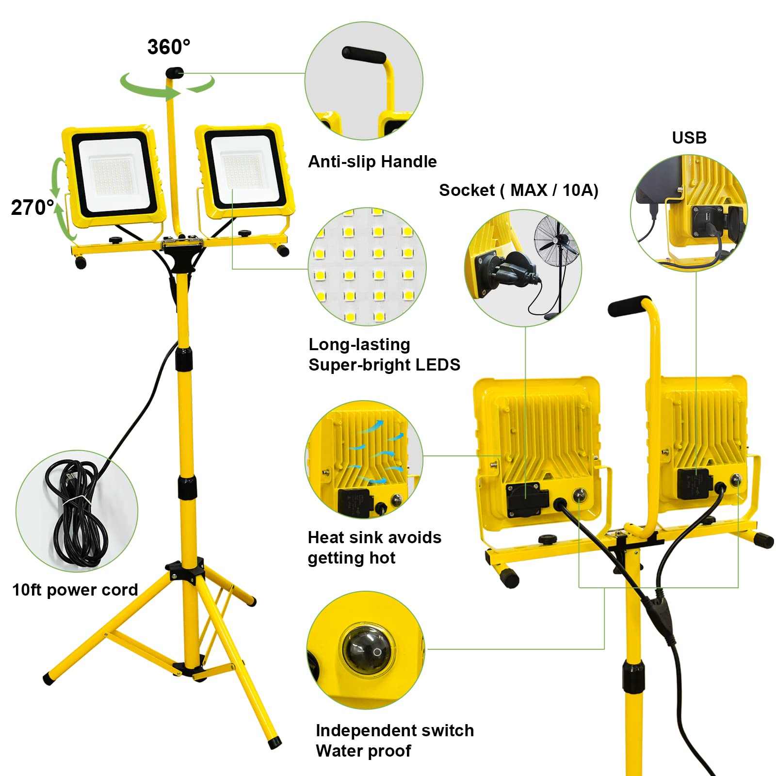 25000 Lumen Work Lights With Stand, Dual Head Led Work Light With Usb & Socket, Waterproof Portable Lights With Individual Switch, Led Flood Light With 72 Inch Adjustable Metal Telescoping Tripod