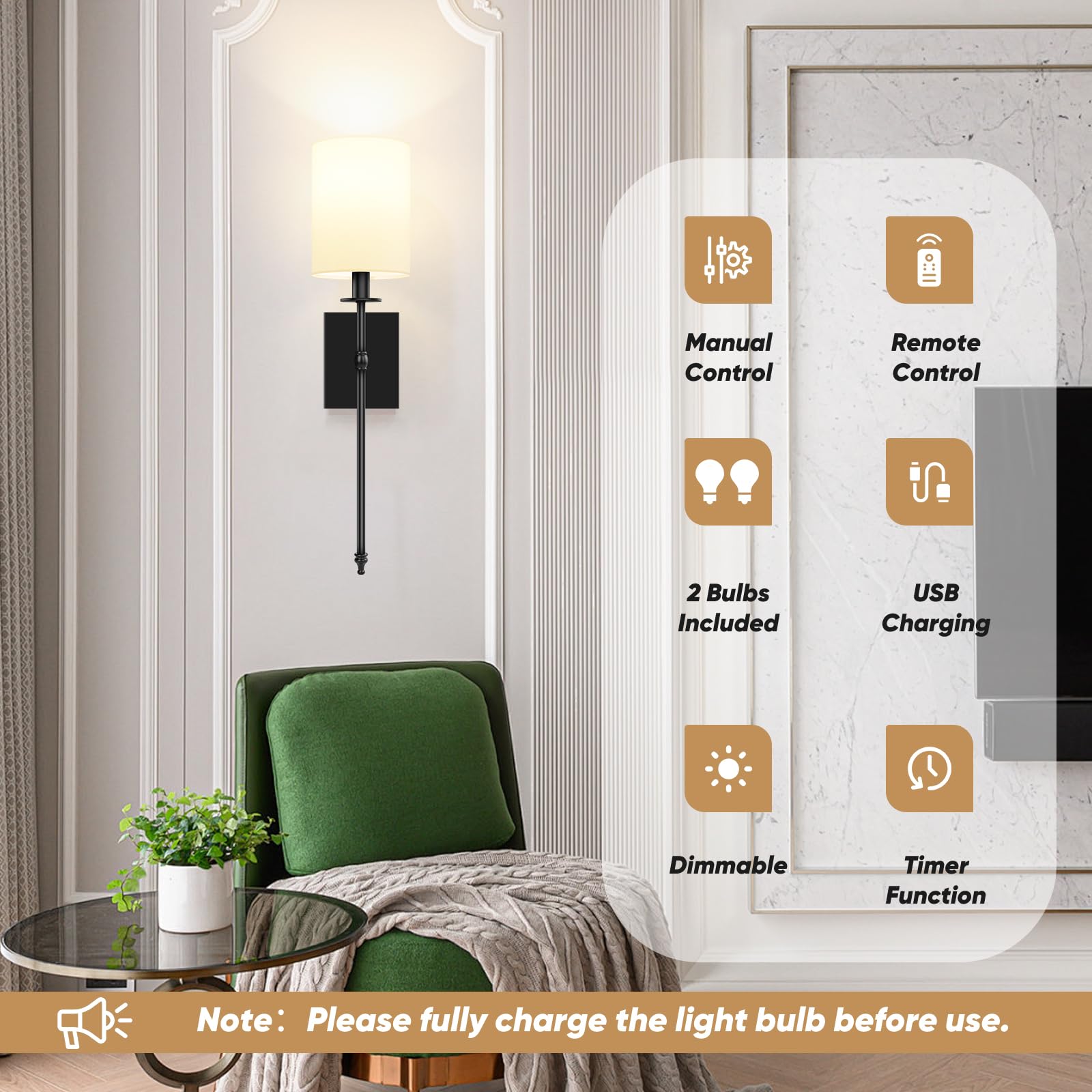 Bosceos Wall Sconces Set of 2, Rechargeable Wireless Lights, Dimmable, 24.8 Inch, Black and White, Model L2018-1BK