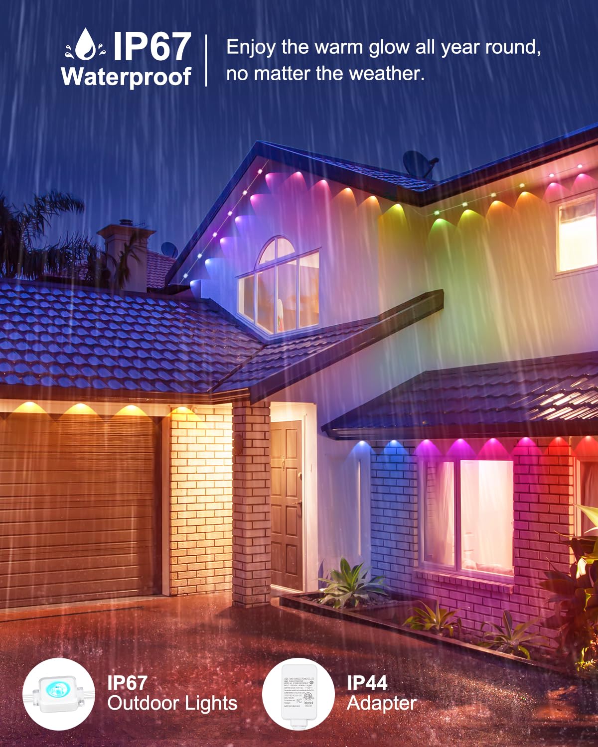 Reylax Rgb Permanent Outdoor Lights 100Ft 60 Leds Eaves Lights, Dimmable Ip67 Waterproof Smart Christmas Lights For Outdoor Deco