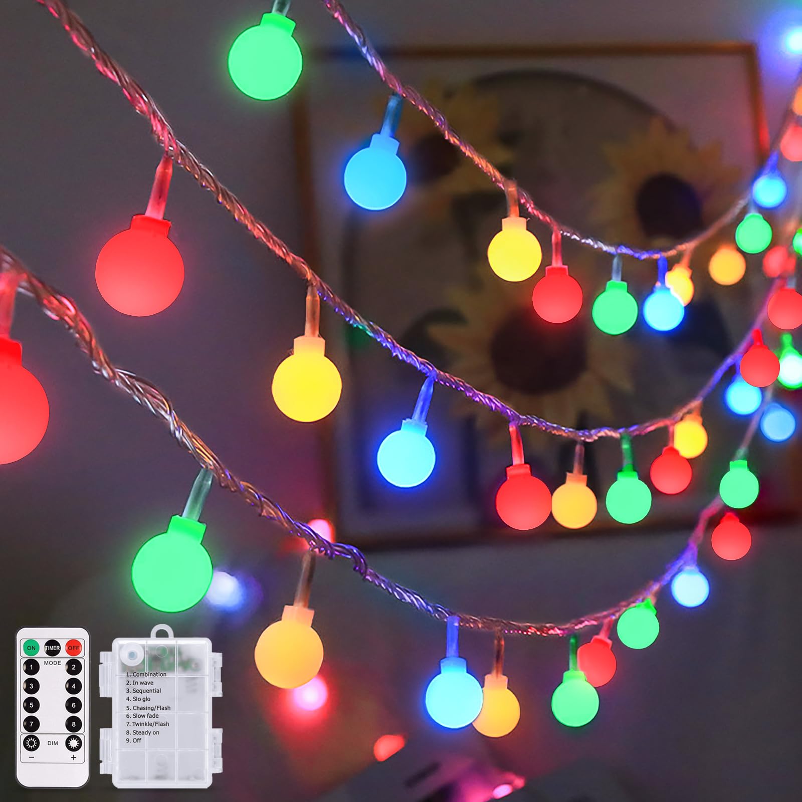 JMEXSUSS 100 LED Battery Operated Globe String Lights, 33ft Waterproof, Multi-Color, Remote Control, for Indoor Outdoor Decoration