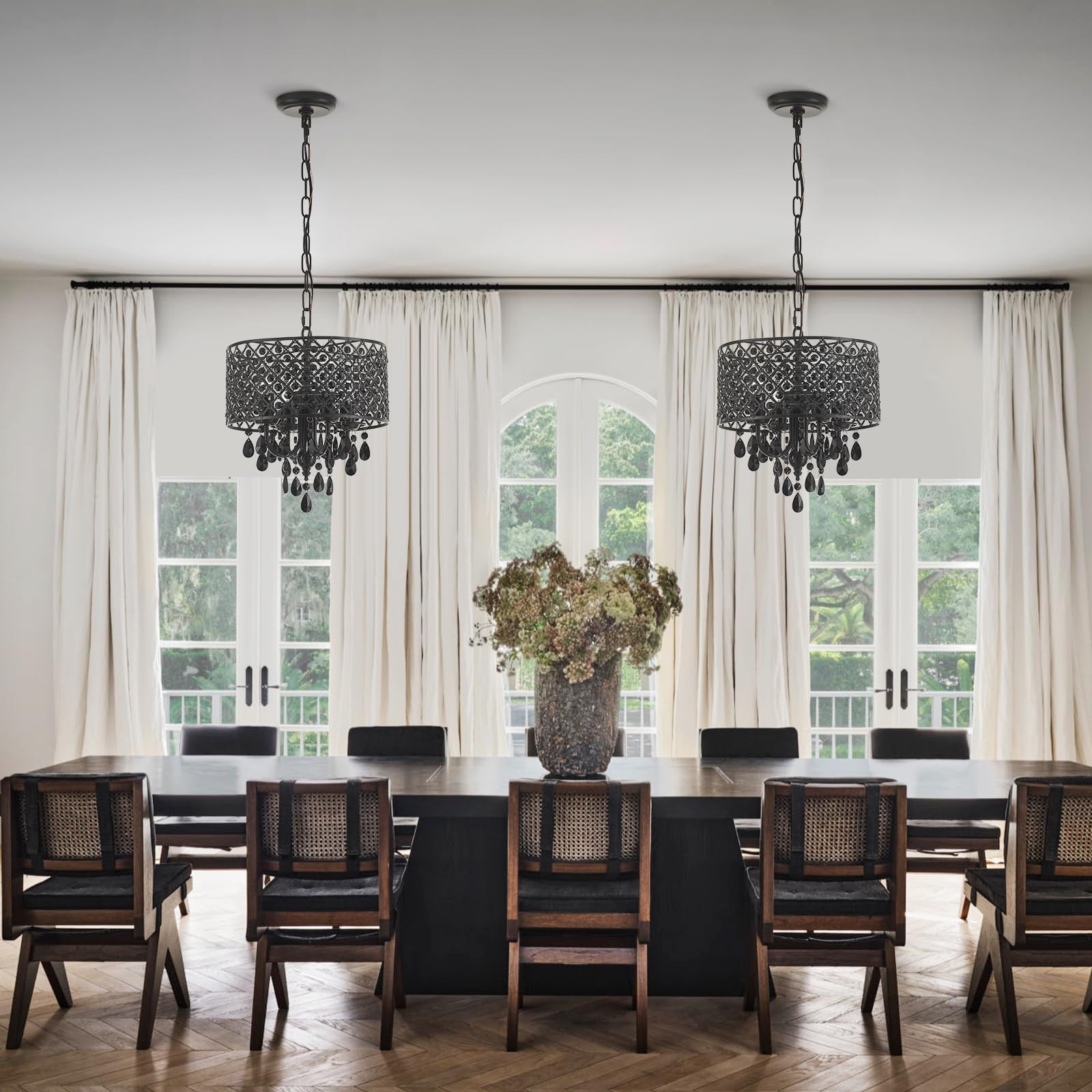 Viluxy Crystal Chandelier For Dining Room Black Smoke Ceiling Pendant Lighting Modern Crystal Hanging Light Fixture Small Drum C