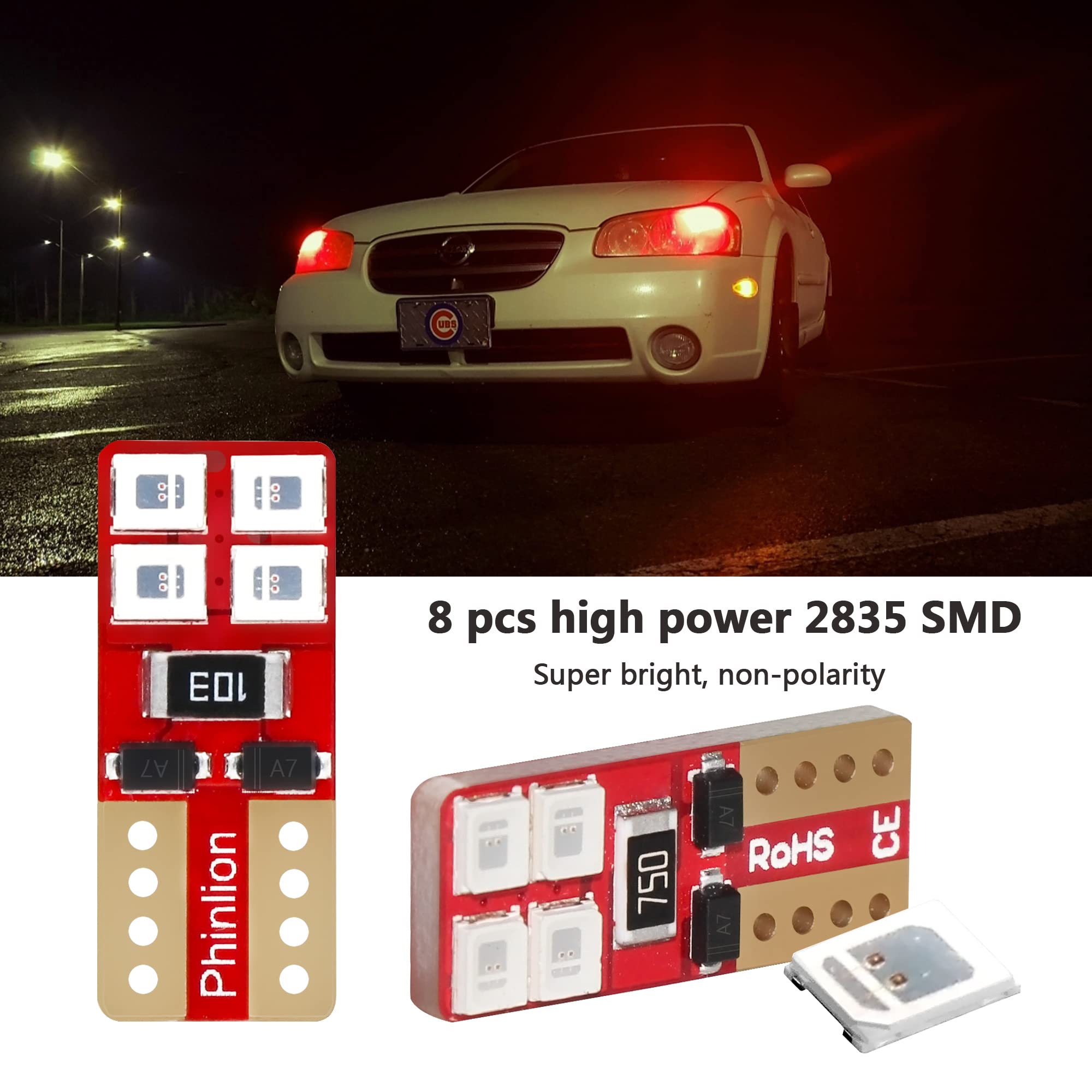 PHINLION Miniature T10 168 194 Red LED Bulbs 8-SMD Wedge Lights Pack of 4