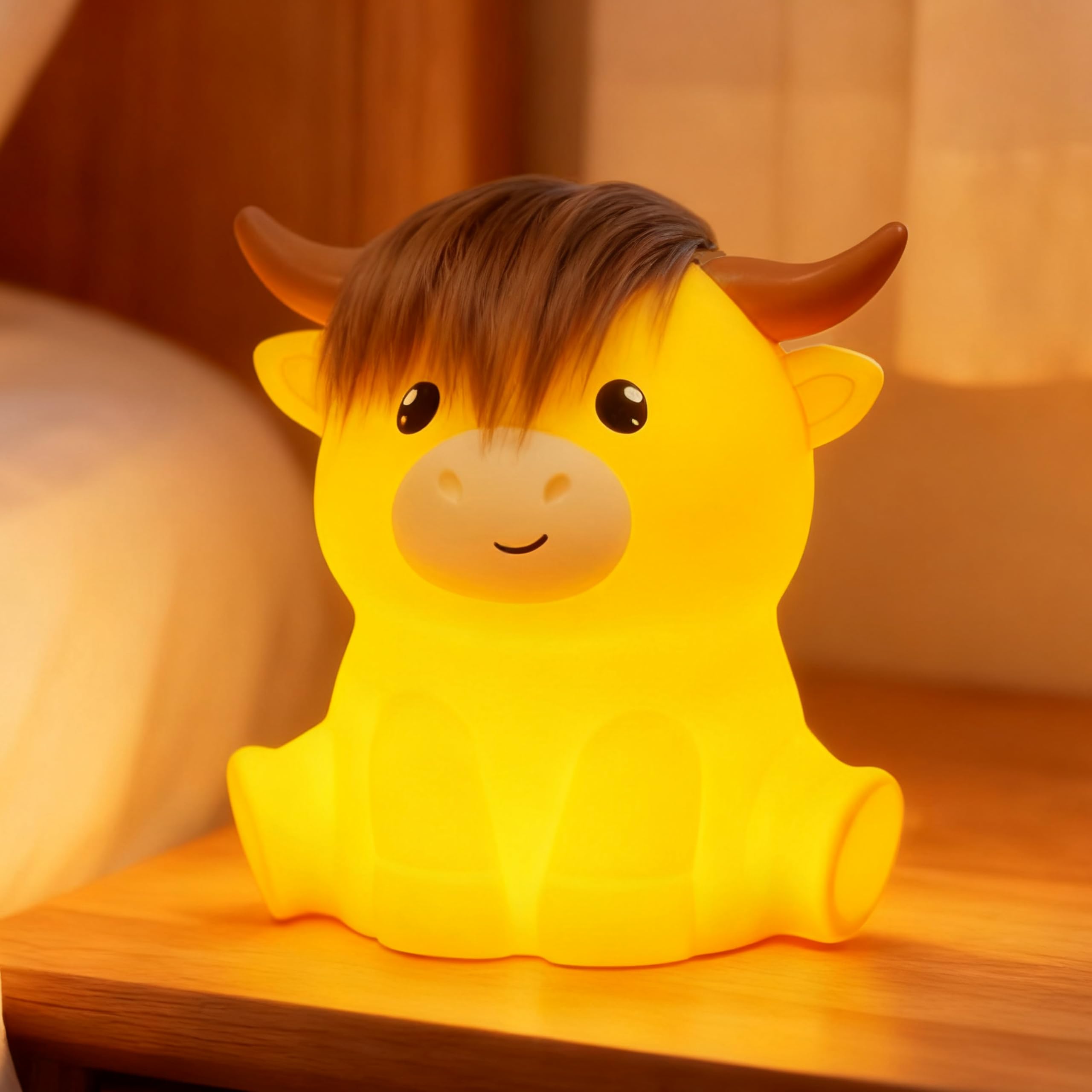 Myratts Led Cute Highland Cow Night Light, Dimmable Timer Nursery Kawaii Lamps, Super Squishy Silicone USB Rechargeable Touch Co
