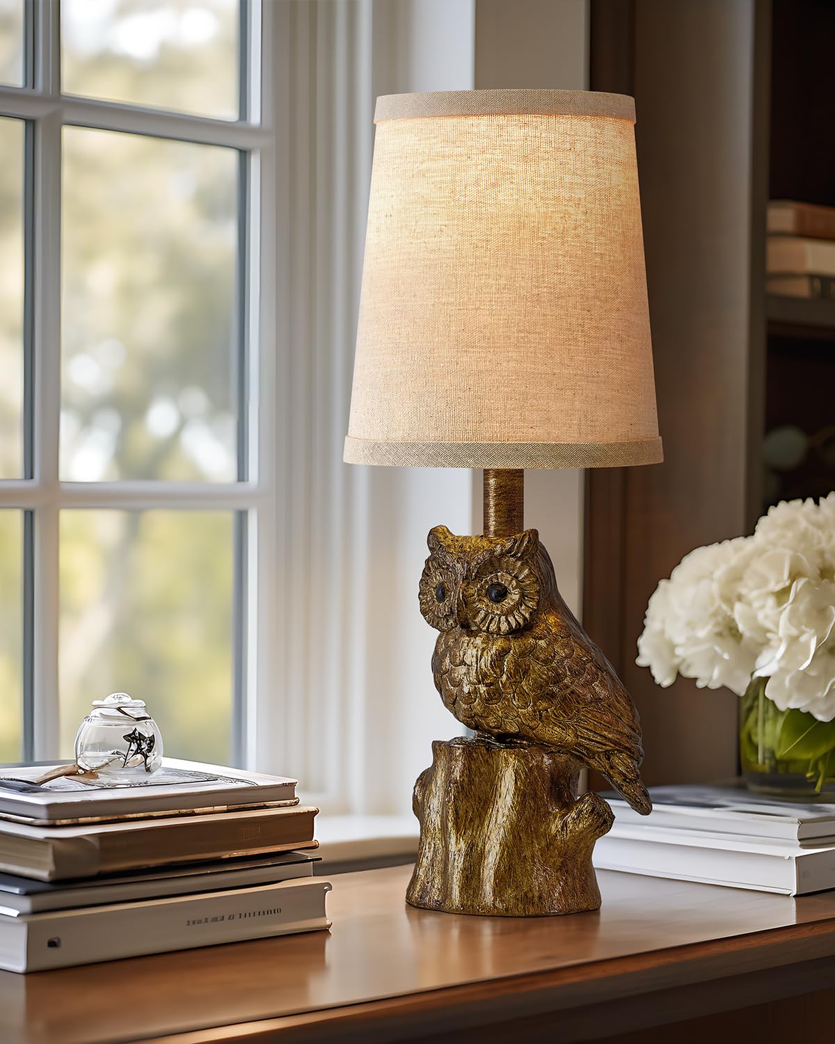 G-SAFAVA Small Table Lamp - 14.25" Gold Owl Design, Rustic Resin, Perfect for Living Room & Bedroom Nightstand
