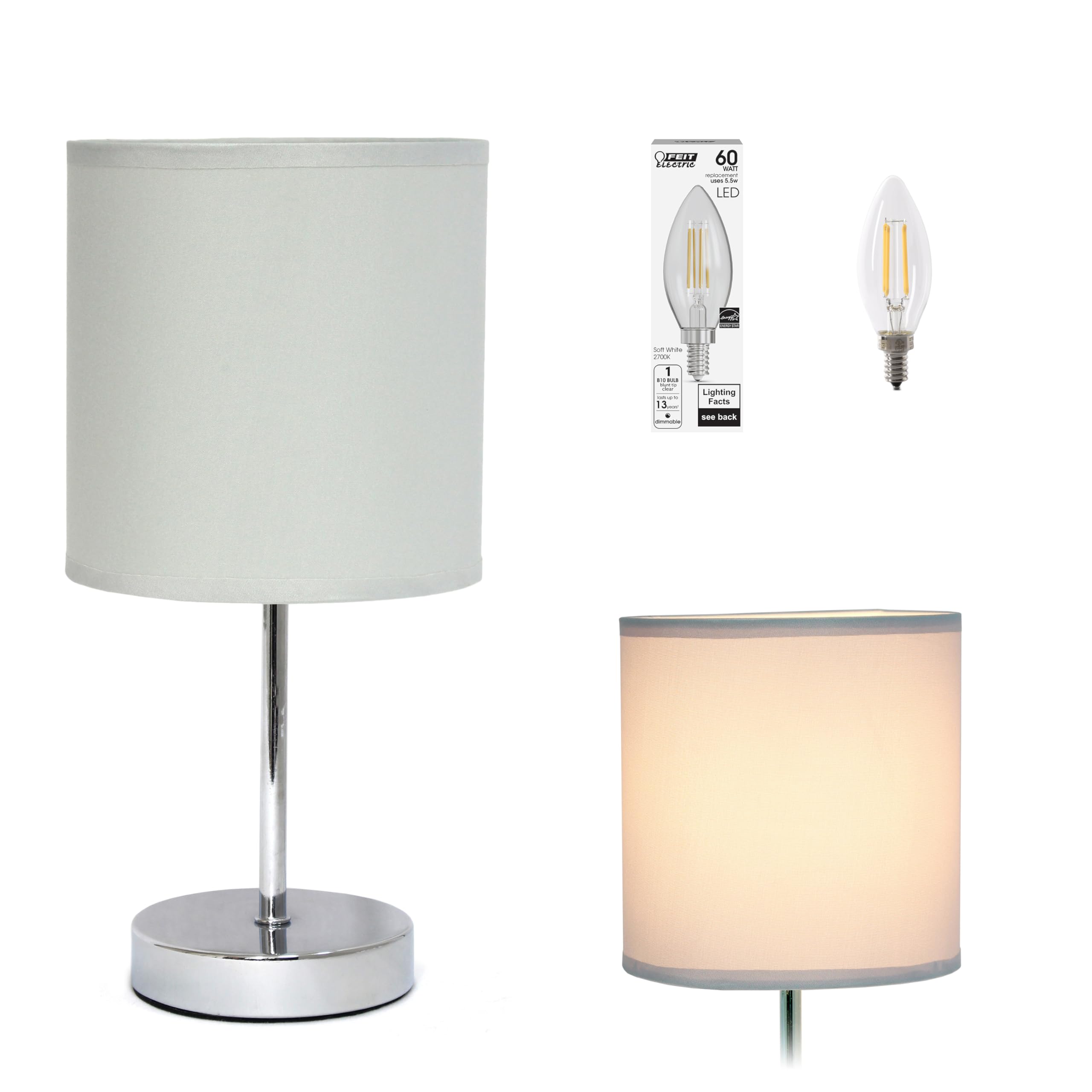 Simple Designs Lt2007-Slt-Lb Basic Chrome Mini Table Lamp For Living Room, Nightstand, Desk, Countertop, Slate Gray, With Feit L