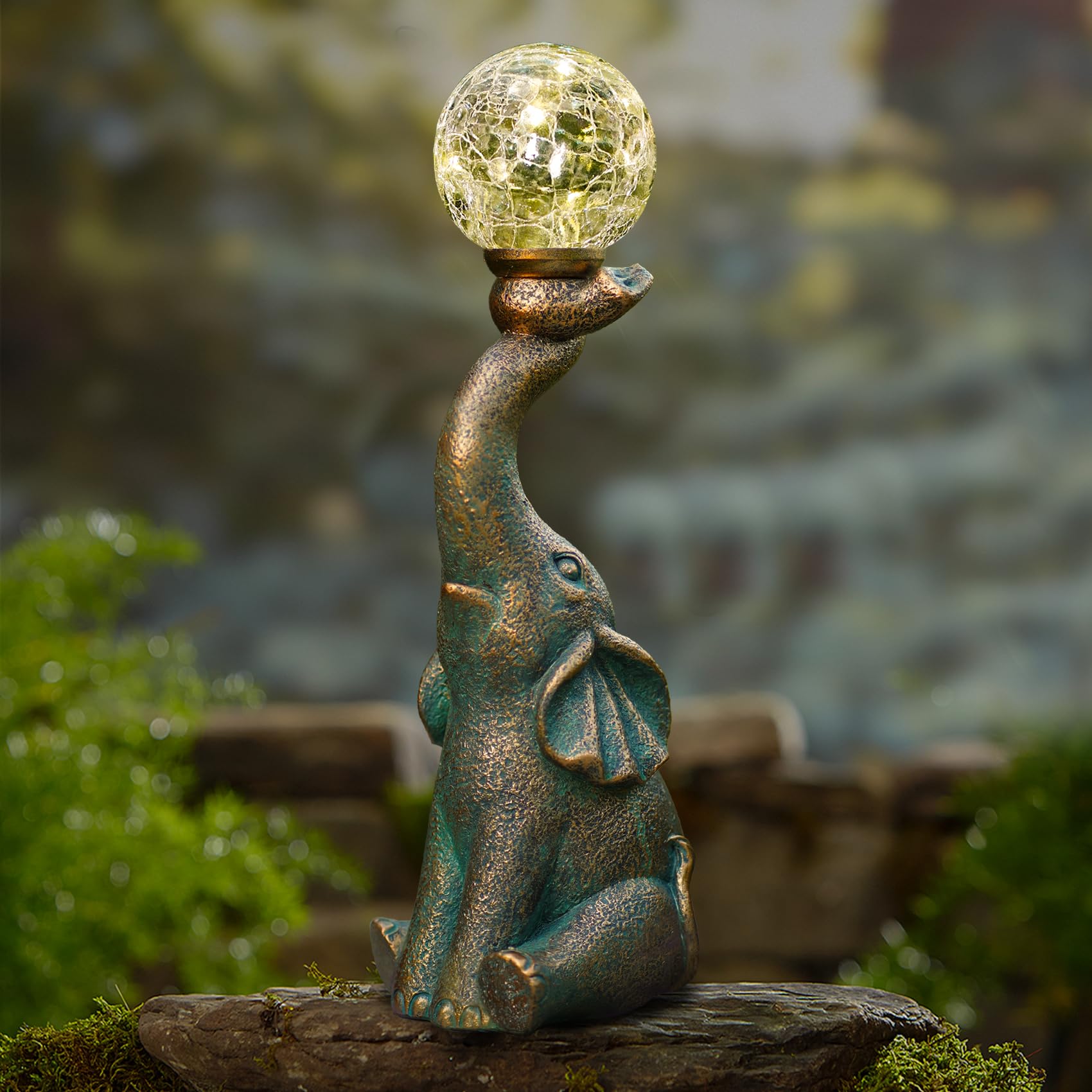 MININOVA Garden Decor Outdoor Statues Elephant with Cracked Glass Ball, Cute Solar Figurine for Patio, Lawn, Yard Art Ornament D
