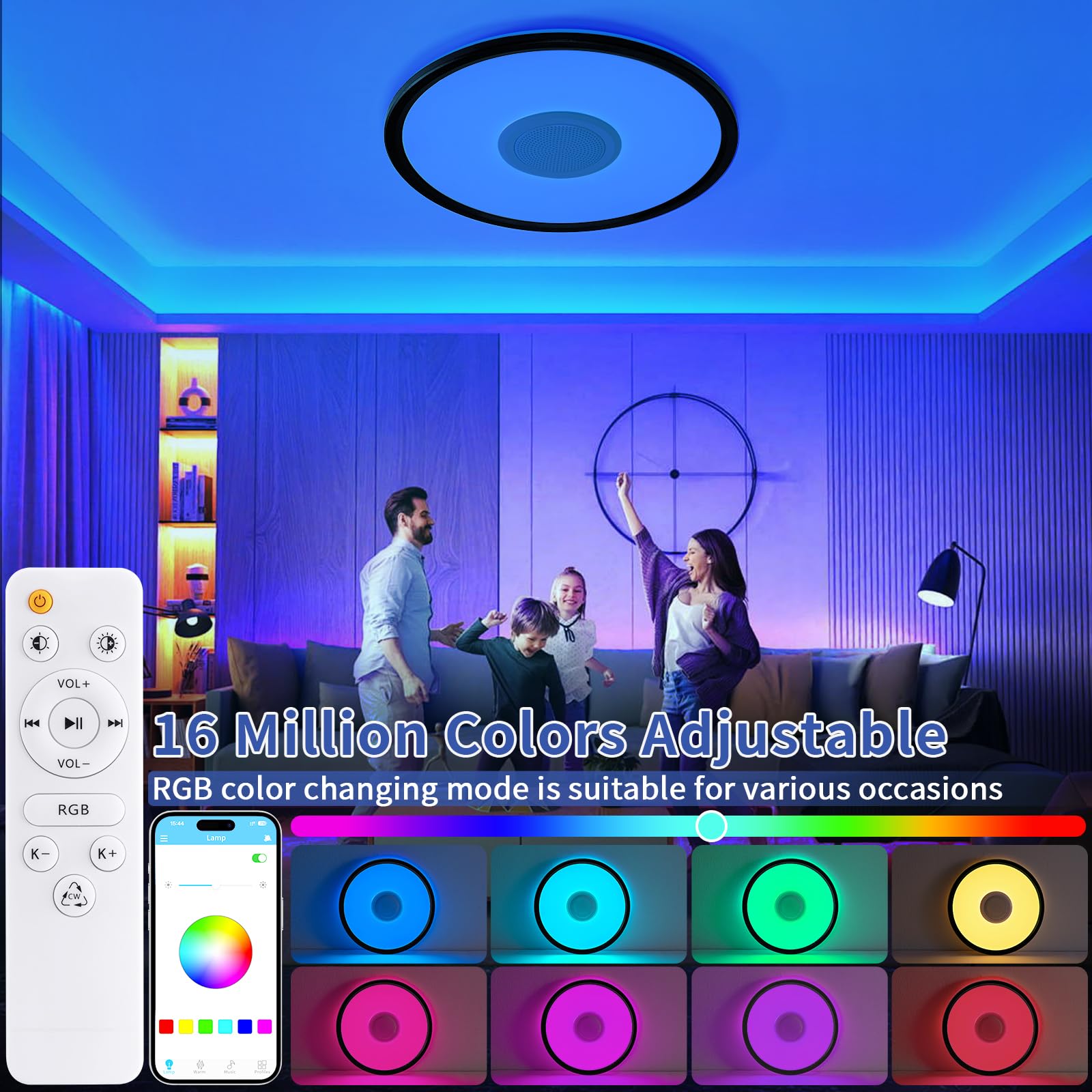 Uprizep Rgb Led Ceiling Light  With Bluetooth Speaker  24W 12Inch Smart Music Ceiling Lamp With App And Remote Control  3000K-6500K Color Changing Lights Fixture For Child Bedroom Bathroom  Black