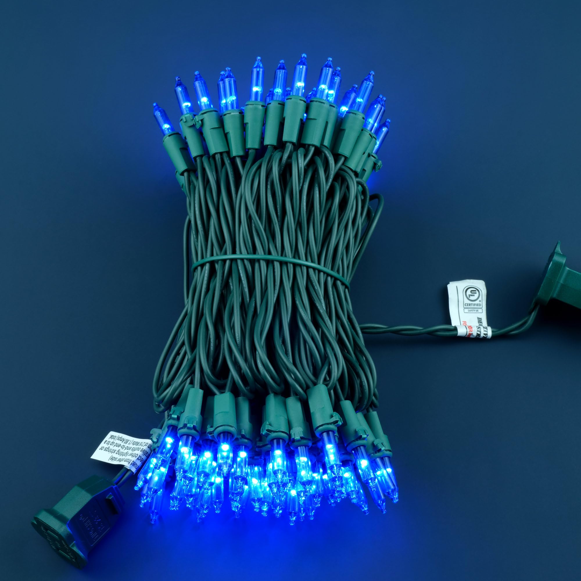YULETIME 100 Count LED Mini String Lights, 33 Feet, Blue, Green Wire, UL Certified, Model DDS-L-100E/2F(0.34)
