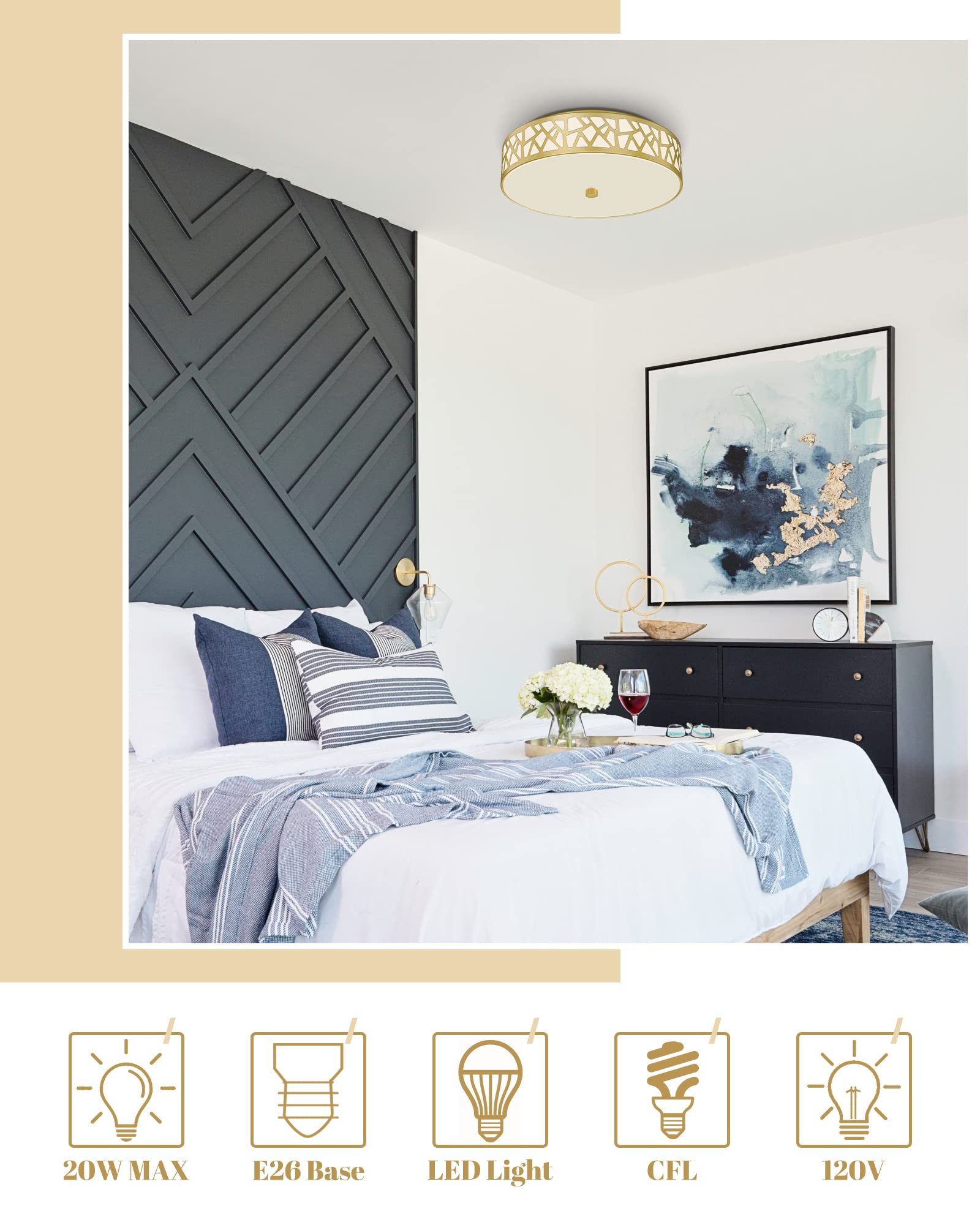 Vicnie 2-Light Flush Mount Ceiling Light, 12&quot; Modern Gold Fixture With Frosted Glass Shade