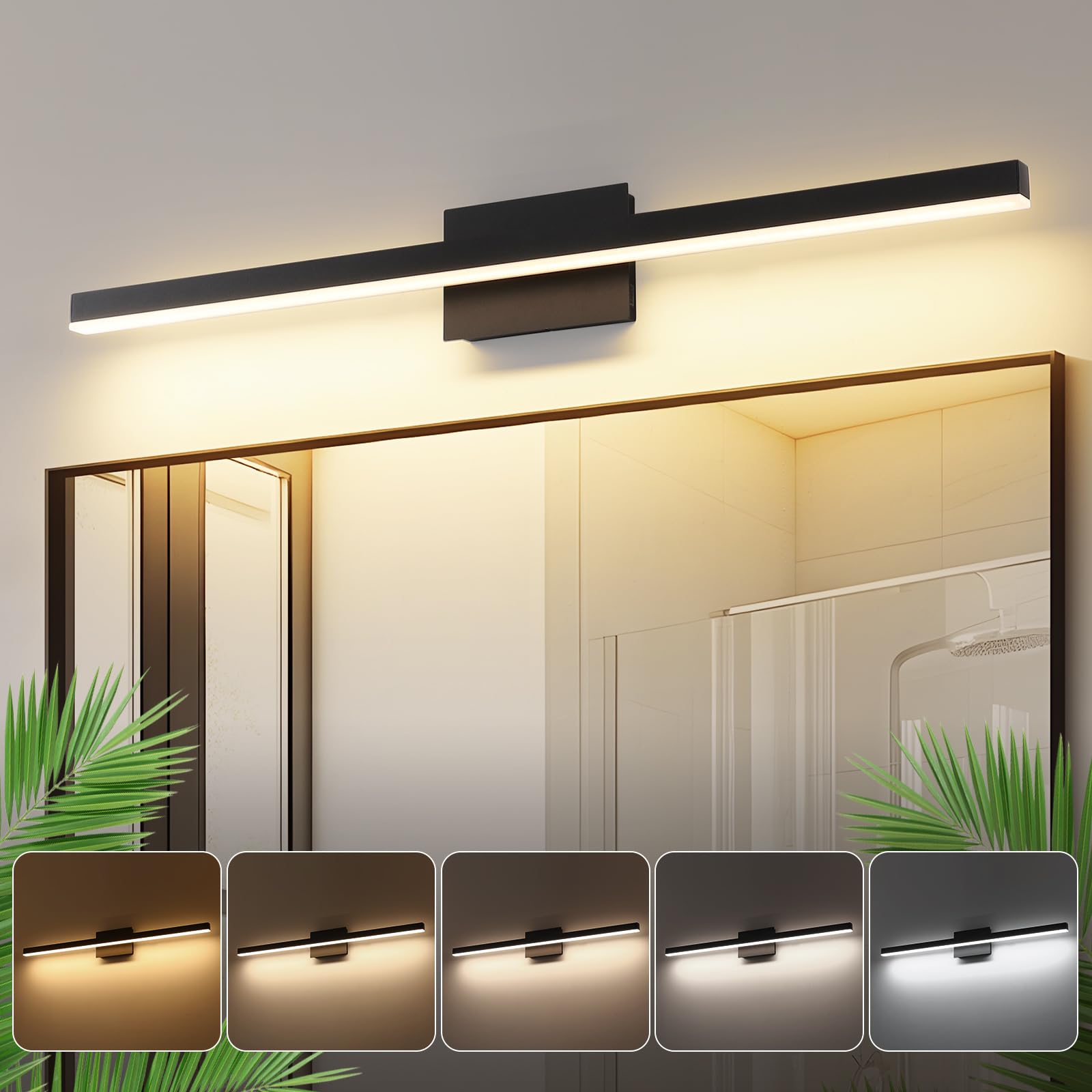Joossnwell Bathroom Vanity Light Black Dimmable 39.37 Inch Acrylic LED Fixture Model 7560-18W-SN-5CCT