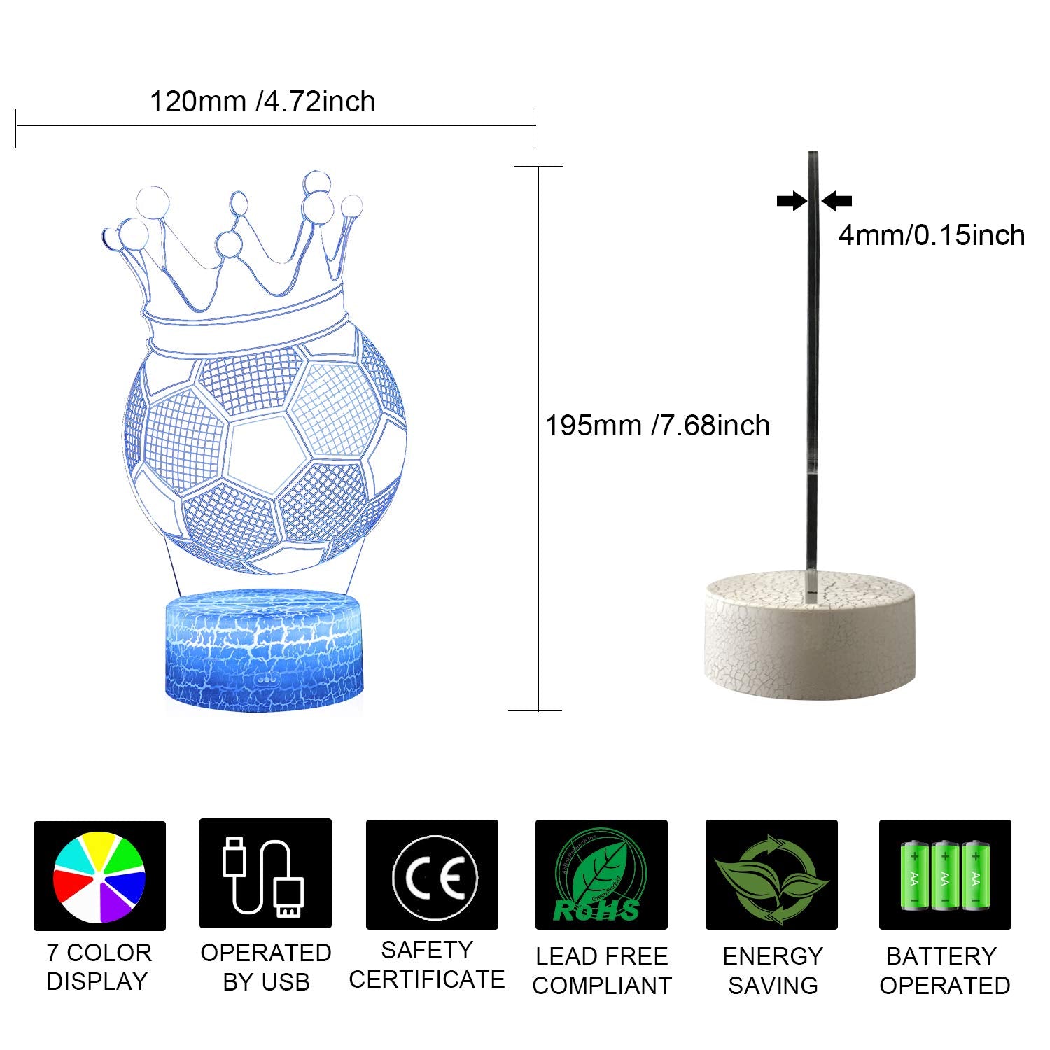 Azalco 3D Illusion Crown Soccer Night Lamp, 16 Color Change, Touch White Baseteenager Christmas Gifts Xmas Gift Soccer Lover Rem