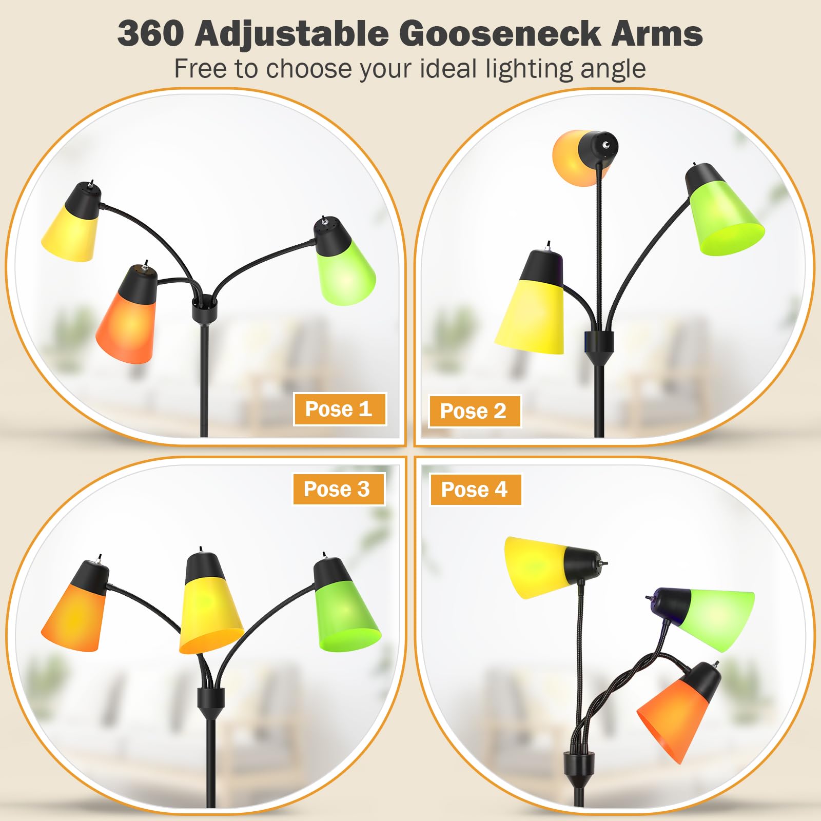 FOLKSMATE 3-Light LED Floor Lamp - Adjustable Arc Gooseneck Design for Living Room, Kid Room, Bedroom - Black, Model F107