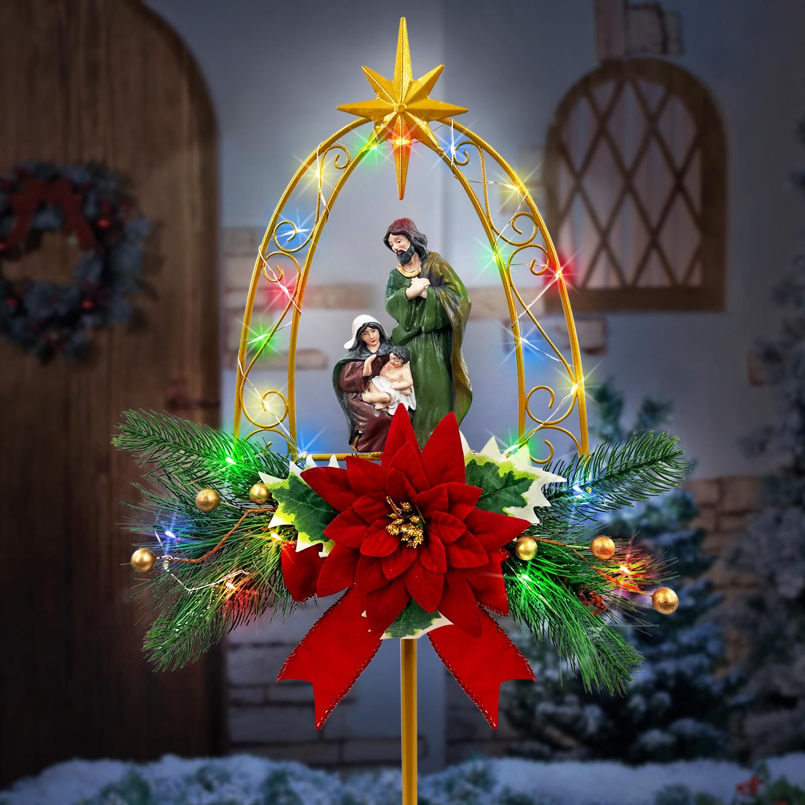 YY Gardenia Resin Nativity Scene Figurine with Star Garden Stake,Solar Multi Colorful Lights for Outdoor Decor,Christmas Outdoor