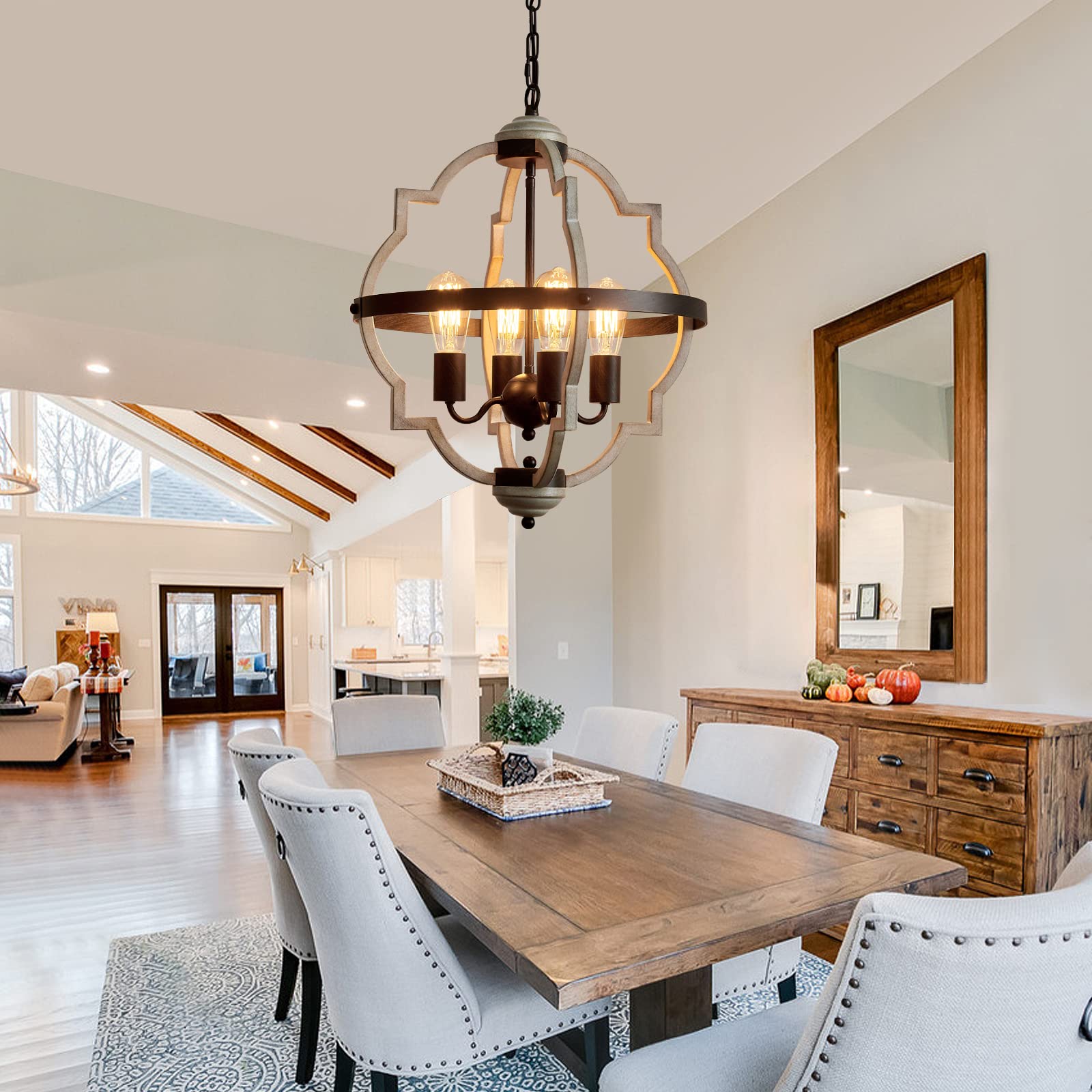 Meixisue Rustic Farmhouse Chandelier,Orb+Oak Finish,4-Light Vintage Antique Chandeliers Pendant Light Fixtures For Kitchen Dinin