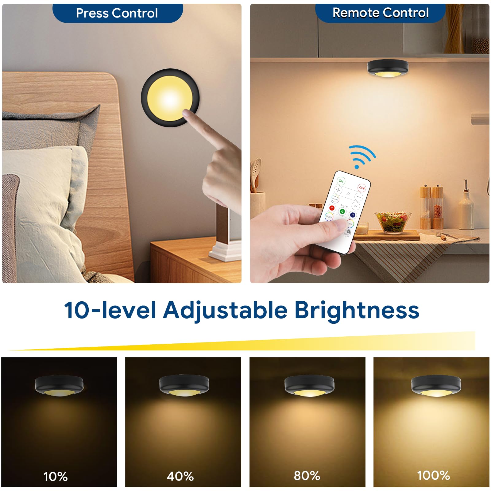 Yiliaw LED Puck Lights 3 Pack with Remote Control, 16 Color Options, Dimmer & Timer, Battery Operated, Black