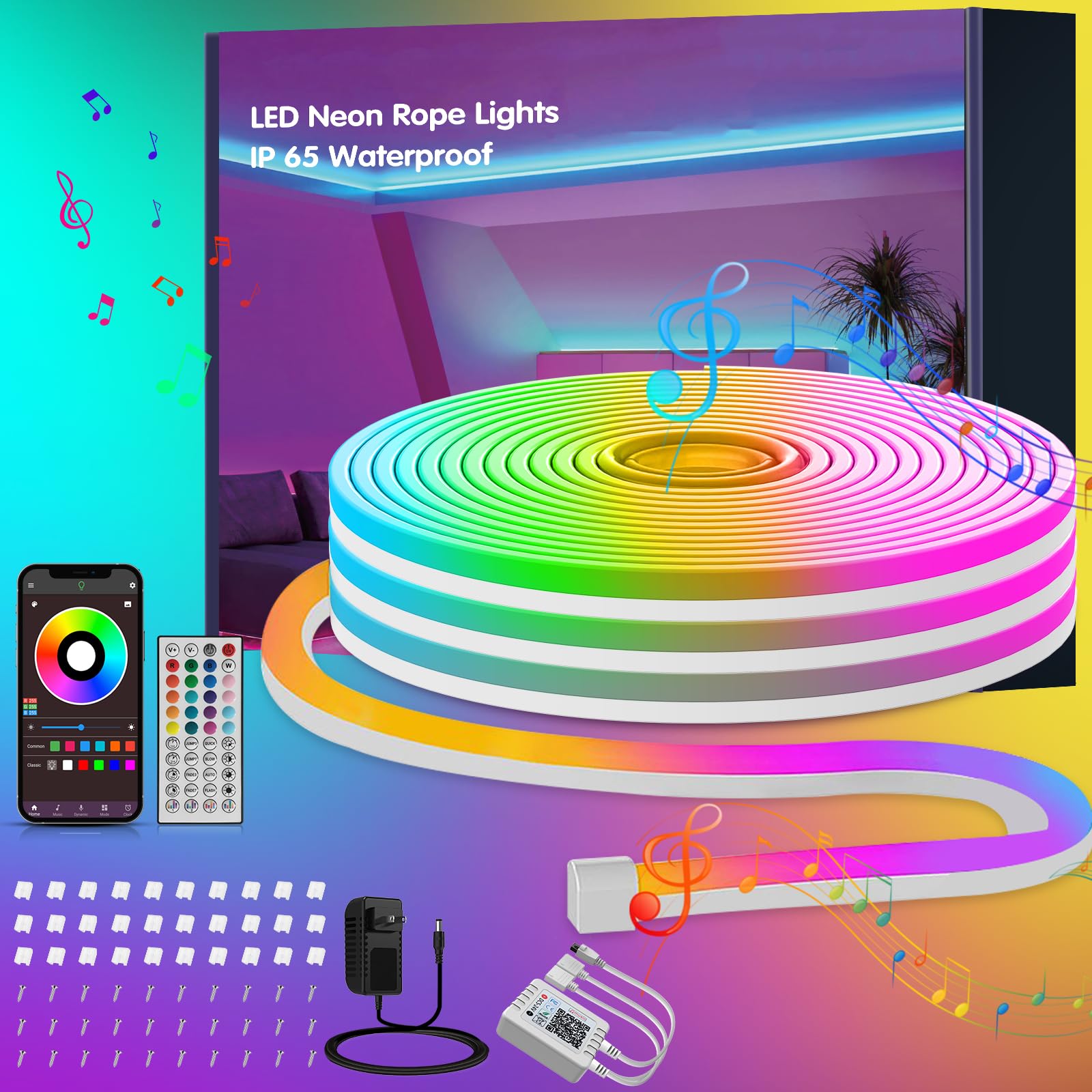 Ledagic RGB LED Neon Rope Lights, 65.6ft, IP65 Waterproof, App & Remote Control, Model LedNeon002-3, White