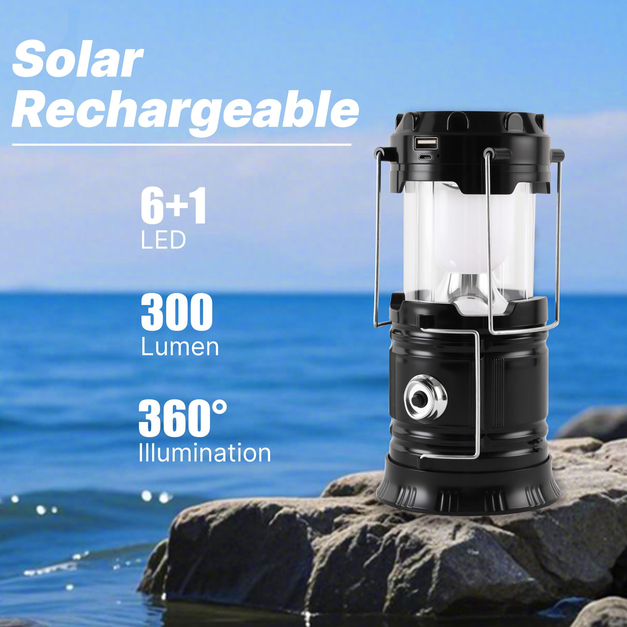 Lichamp Collapsible Solar Camping Lantern, USB Rechargeable LED Flashlight, 4-Pack, Black, Model CLS-L004BK
