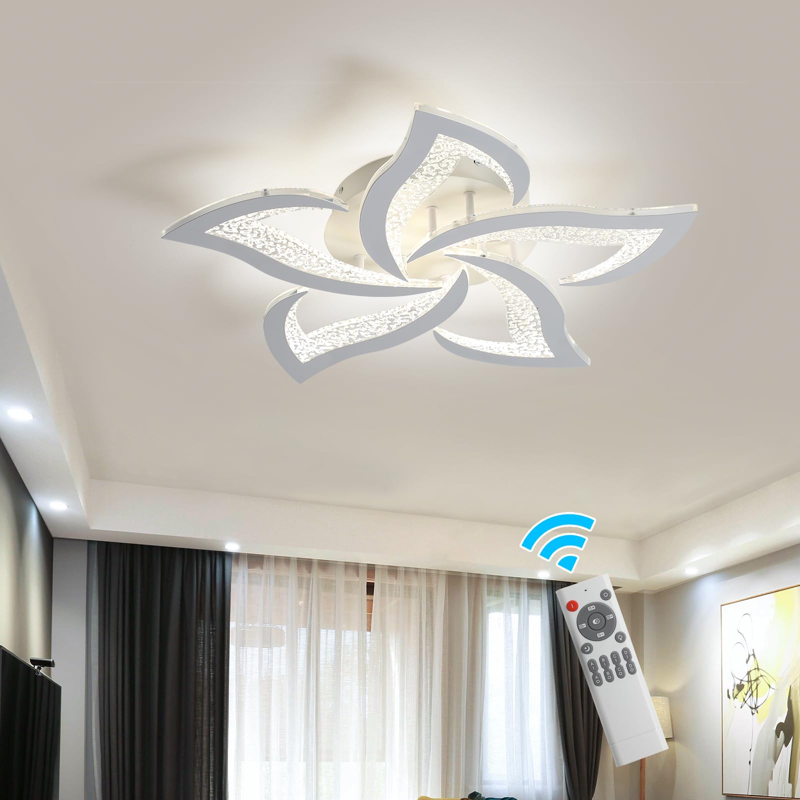 Garwarm Modern LED Chandelier Flush Mount, Dimmable 45W, 23.6in Acrylic Flower Design, White