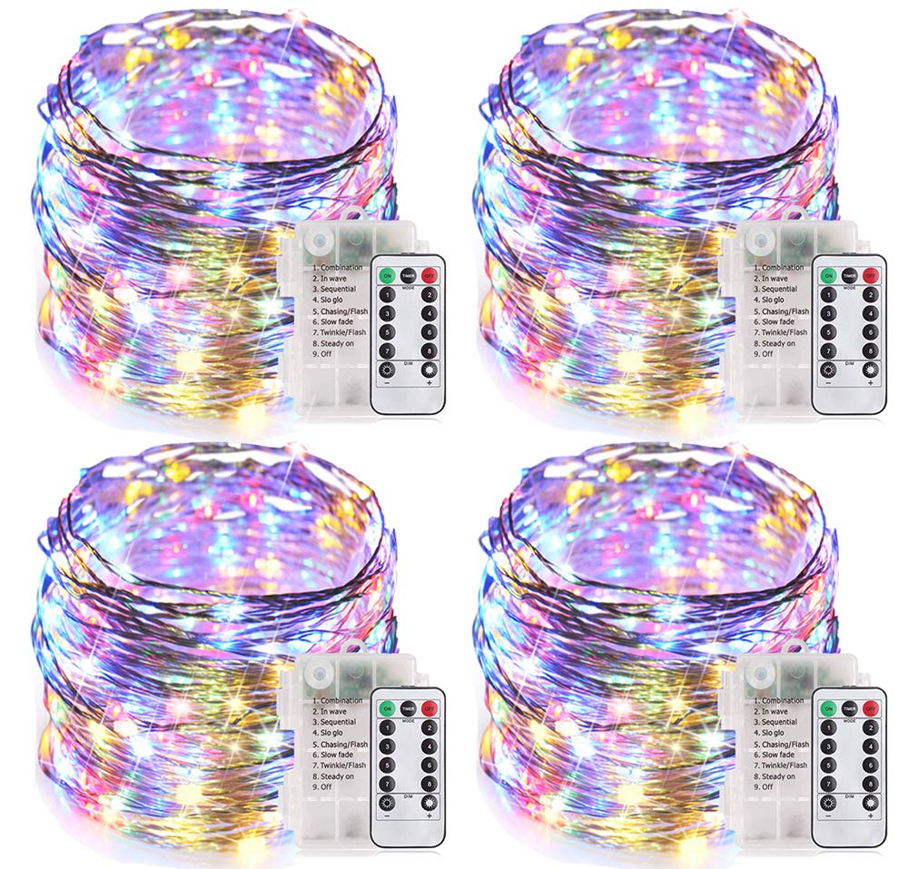 MUMUXI 4 Pack 33ft Remote Control Battery Operated Fairy String Lights with Timer, 100 LED Twinkle LEDs, Color Changing Outdoor 