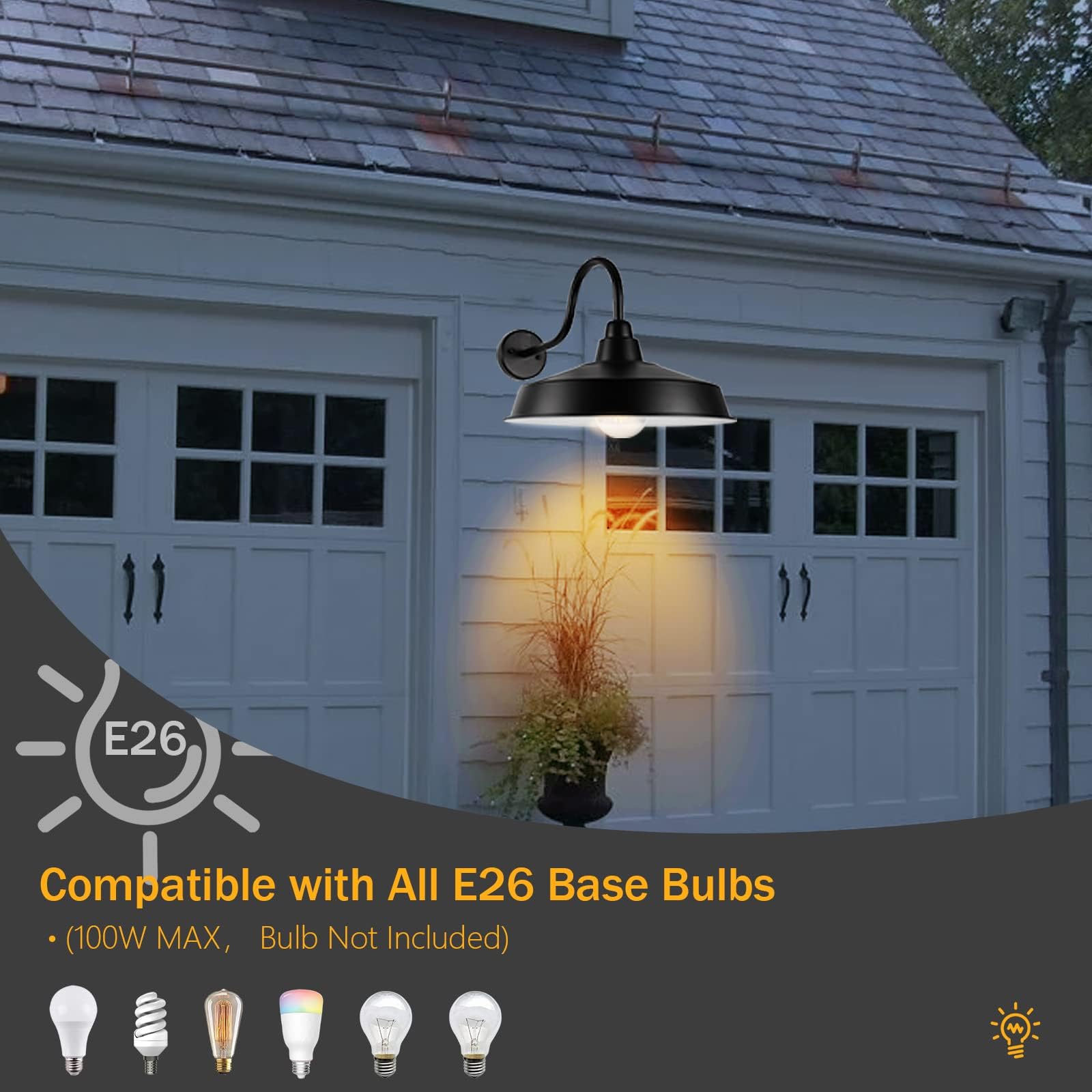 Diyel Dusk To Dawn Gooseneck Barn Lights Outdoor, 16 Inch Dome Large Farmhouse Exterior Light Fixture Wall Mount, Industrial Outdoor Wall Sconce Outside For House, Shop, Porch, Garage,Ddrz020 Bk-4Pack