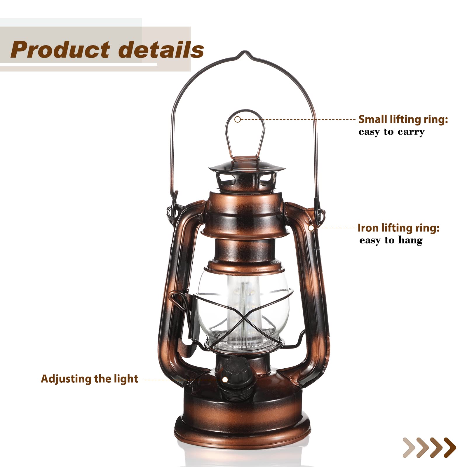 Hortsun Vintage LED Hurricane Lantern - 8 Inch, Iron, 12 Warm LEDs, Battery Operated, Dimmer Switch, Indoor/Outdoor Use