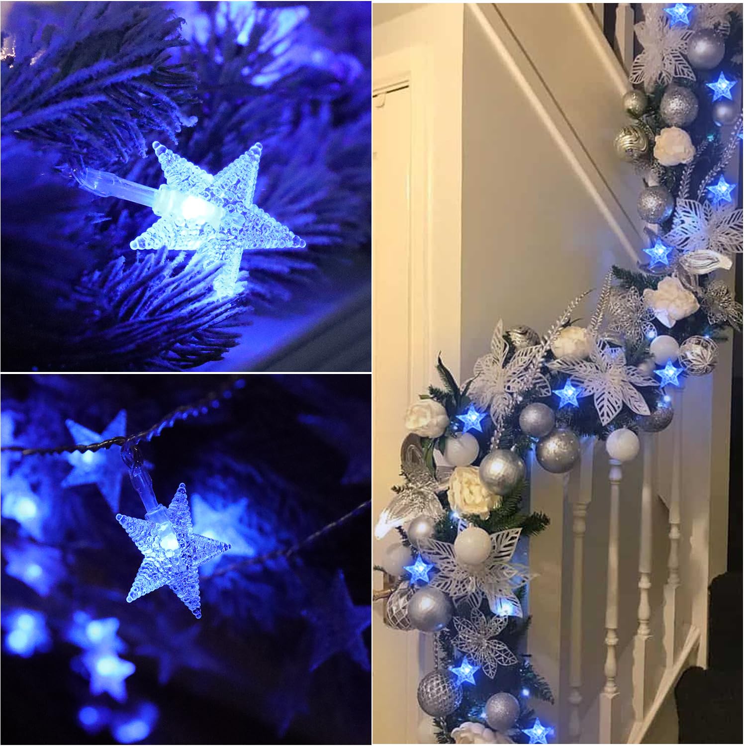 Cesof Blue Christmas Star String Lights Decorations, 20 Ft 40 Led Battery Operated Twinkle Lights Cute Hanging Star Fairy Light For Bedroom Room Car Party Home Indoor Outdoor Xmas Tree Decor