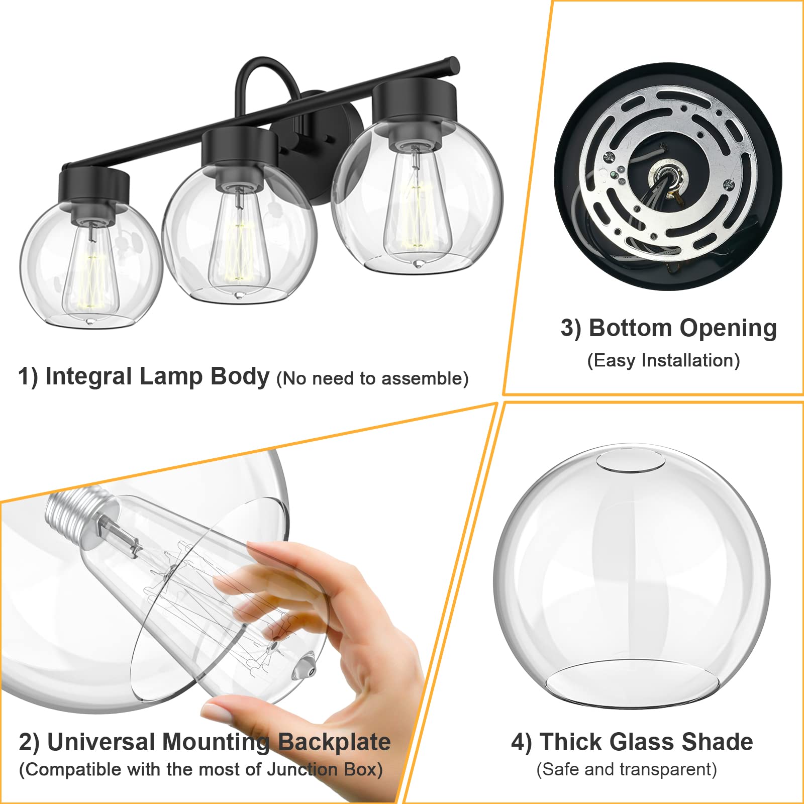 EAPUDUN Vanity Light Fixture, 3 Light, Matte Black, Aluminum, Clear Glass Shades, Industrial Style for Bathroom Over Mirror