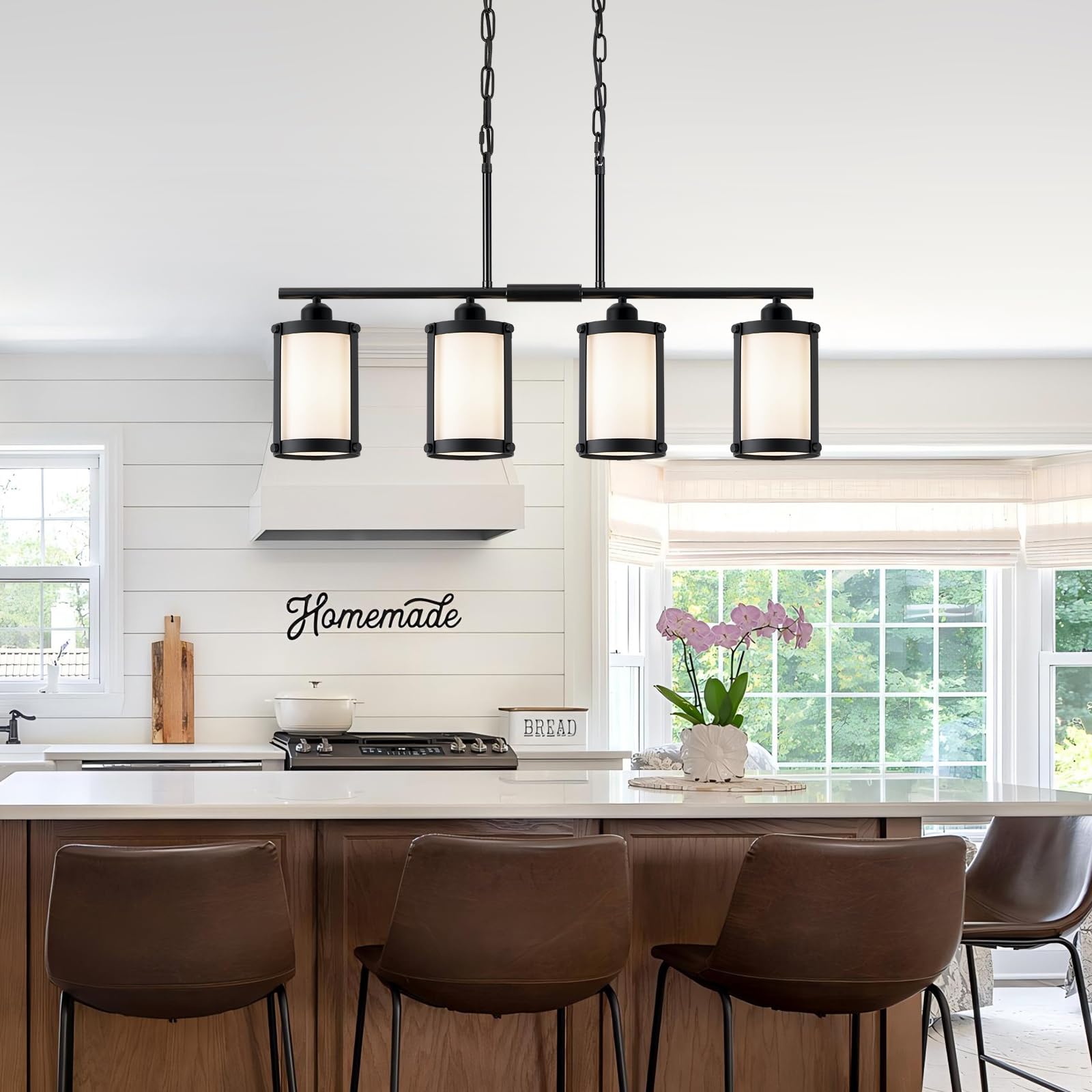 Osimir 4-Light Linear Kitchen Island Lighting - Black Frosted Glass Chandelier, Model OS-3014-4ISBKW