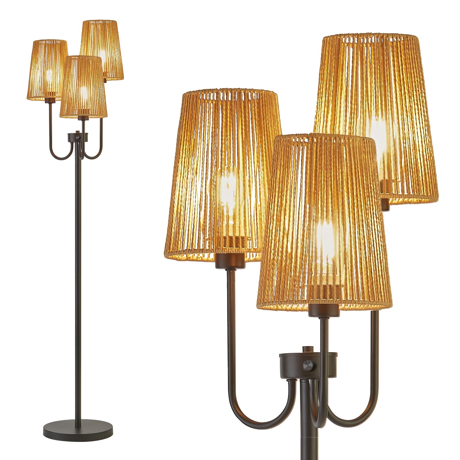 RORIANO Boho Floor Lamp for Living Room, 3-Light Rotary Switch Farmhouse Standing Bedroom Lamp with Rattan Shade, Tall Floor Lam