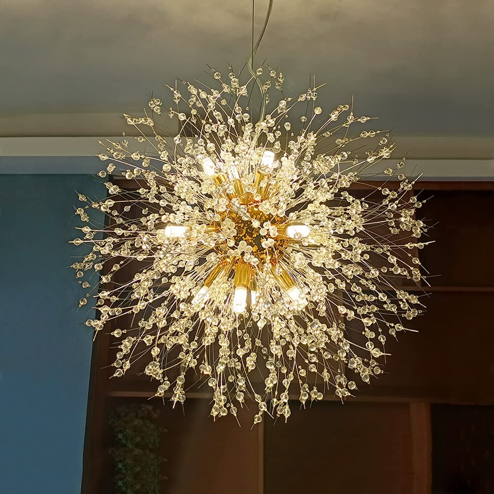 Yiisem Gold Crystal Chandeliers, 12-Light Modern Firework Pendant Lighting, G9 Dandelion Chandelier Light Fixtures For Dining Room Bedroom Living Room Restaurant Kitchen Aisle Hallway
