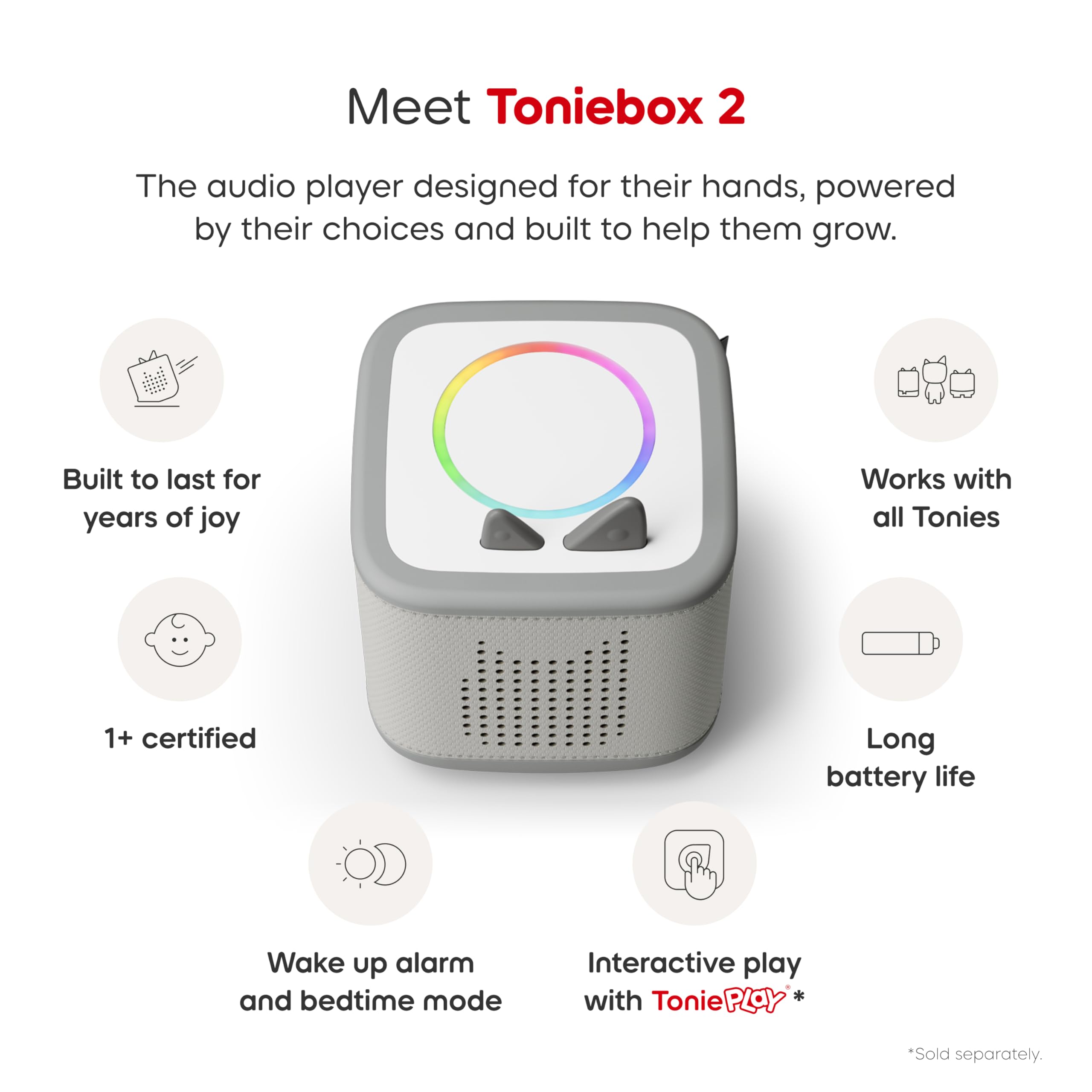 Toniebox 2 Audio Player Bundle for Kids 1+ with Sleepy Sheep Night Light - Moon Gray